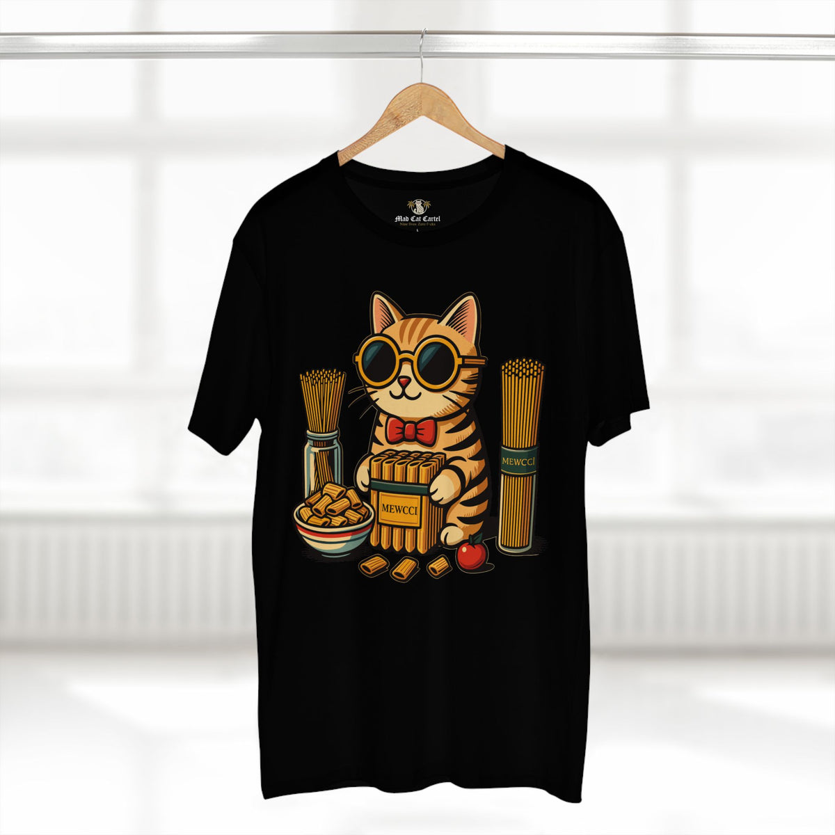 Mewcci Pasta Chef Cat Graphic T-Shirt in black, on a hanger