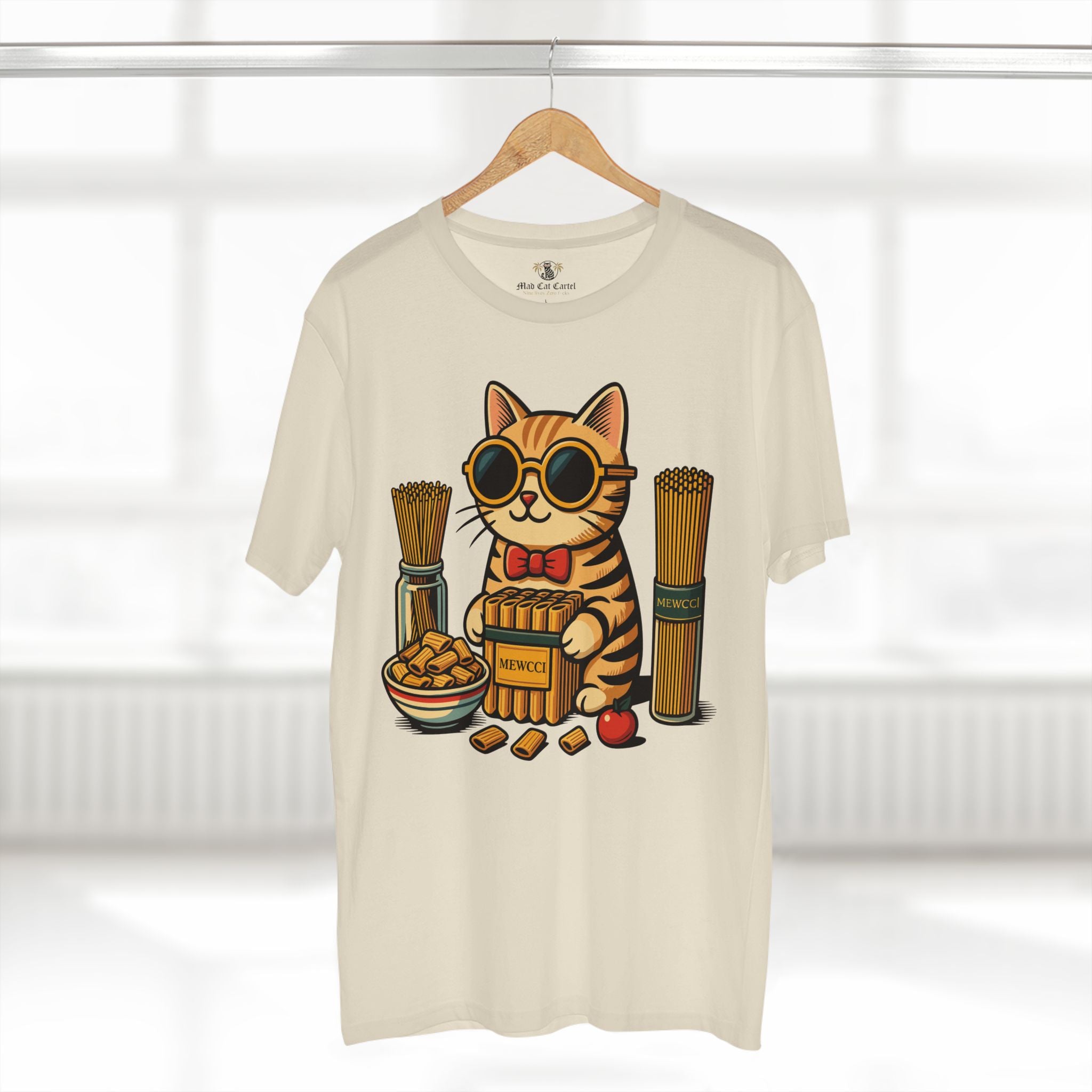 Mewcci Pasta Chef Cat Graphic T-Shirt in natural, on a hanger