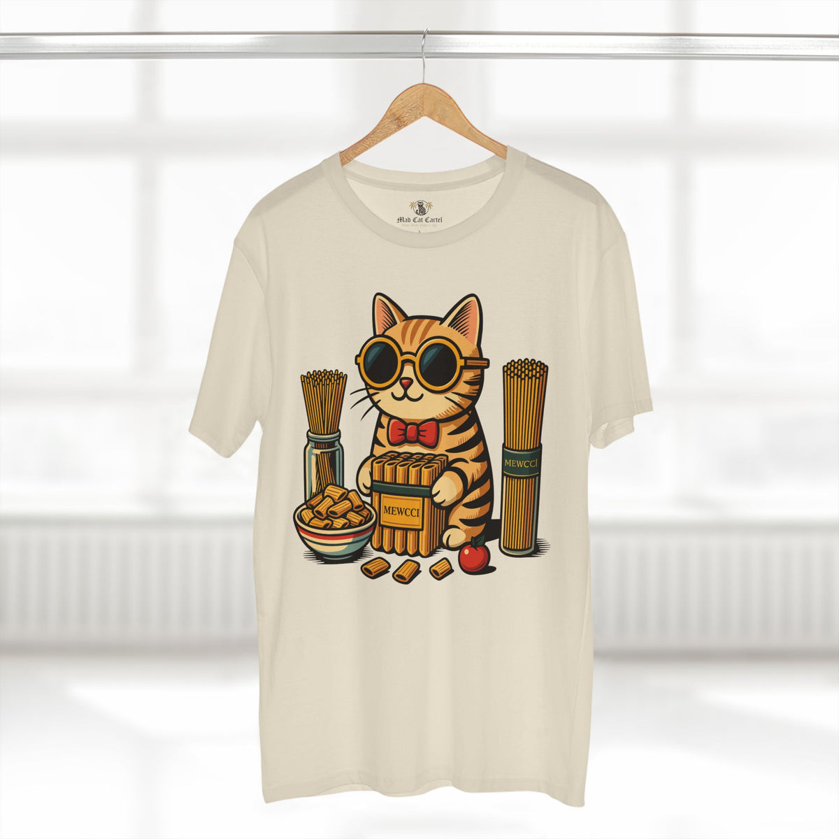 Mewcci Pasta Chef Cat Graphic T-Shirt in natural, on a hanger