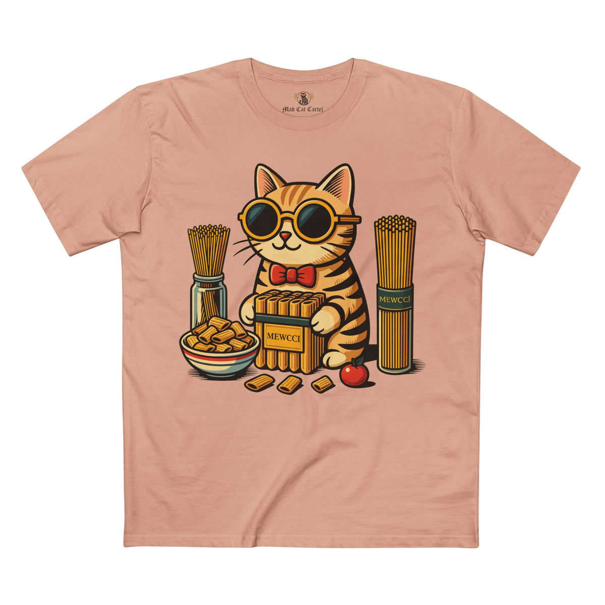 Mewcci Pasta Chef Cat Graphic T-Shirt in pale pink, front view