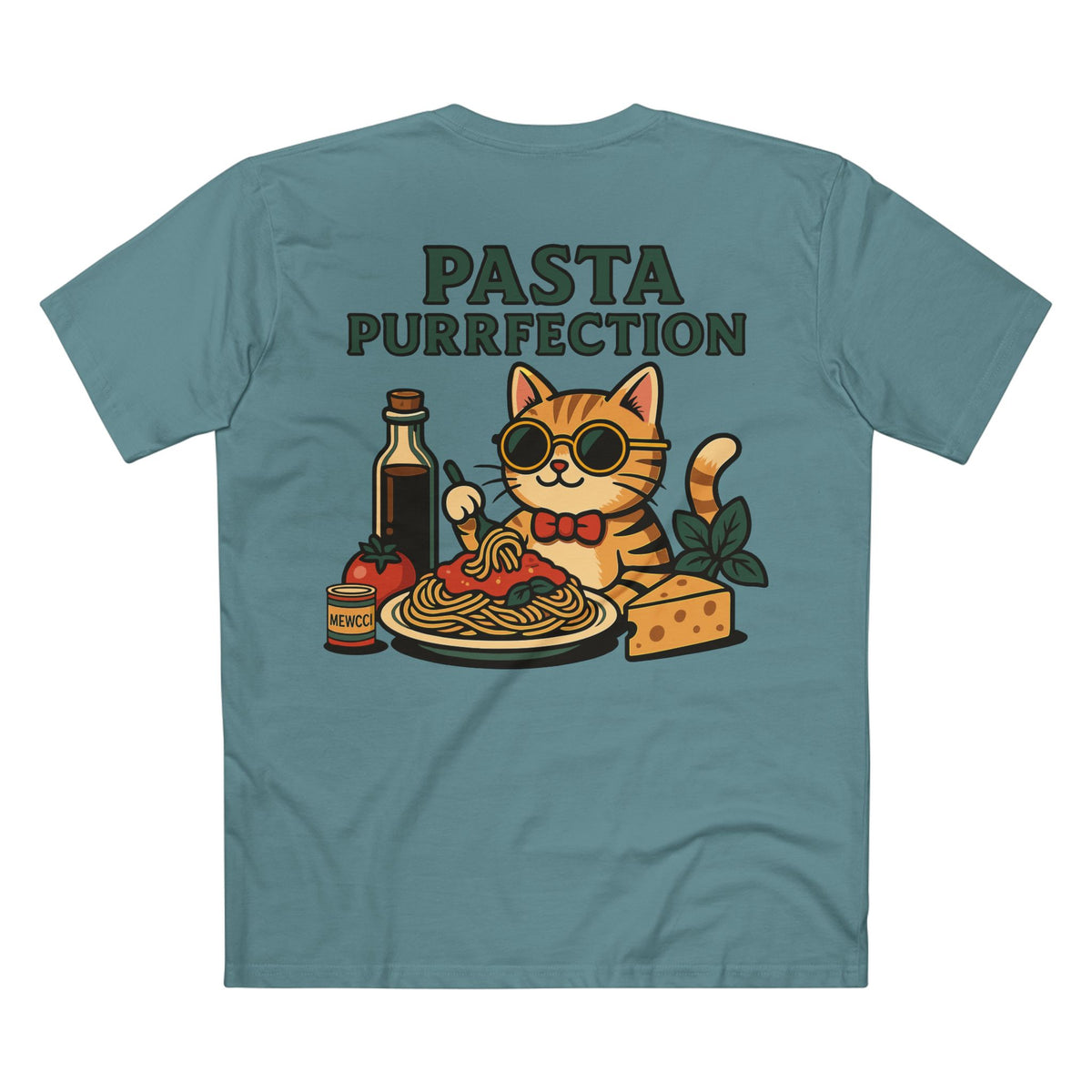 Mewcci Pasta Chef Cat Graphic T-Shirt in slate blue, back view