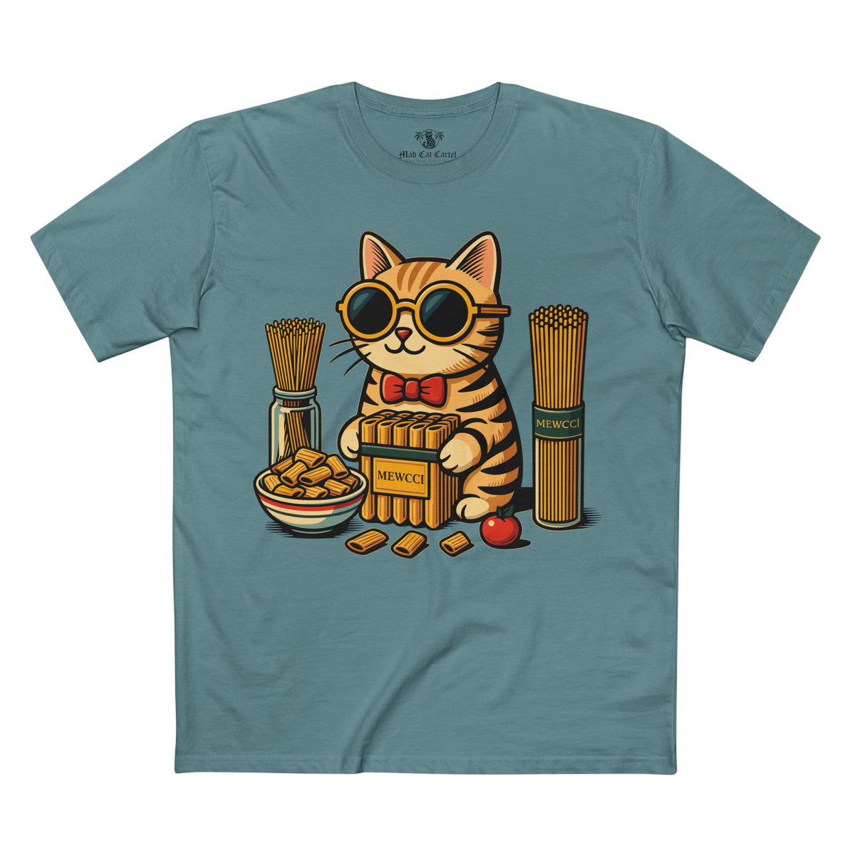 Mewcci Pasta Chef Cat Graphic T-Shirt in slate blue, front view