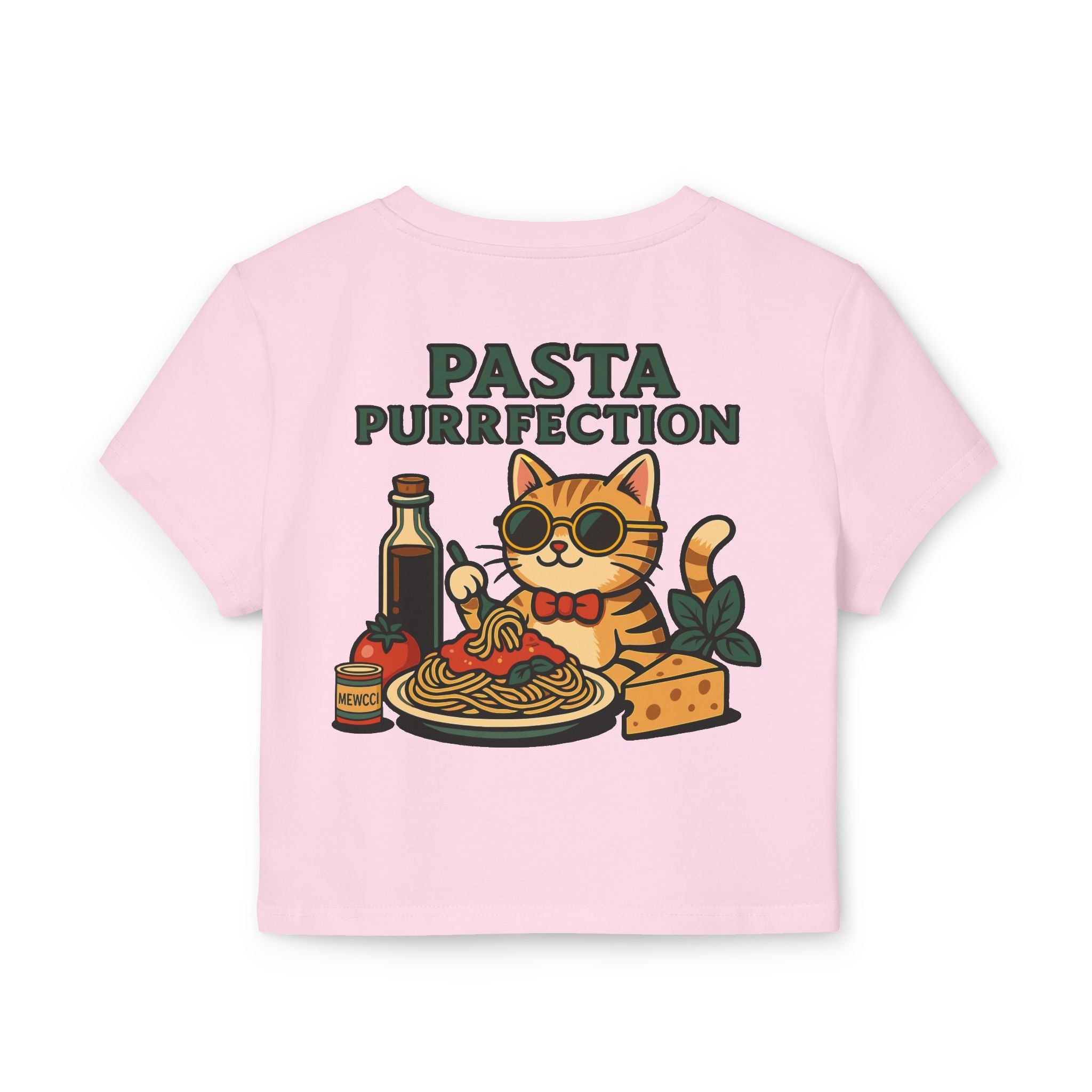 Mewcci Pasta Chef Cat Graphic Women's Baby Tee in light pink, back view