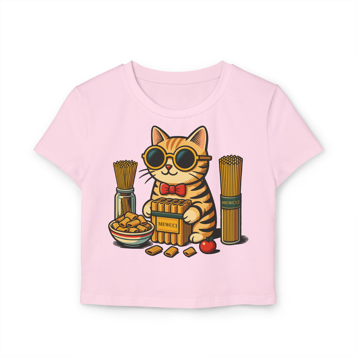 Mewcci Pasta Chef Cat Graphic Women's Baby Tee in light pink, front view
