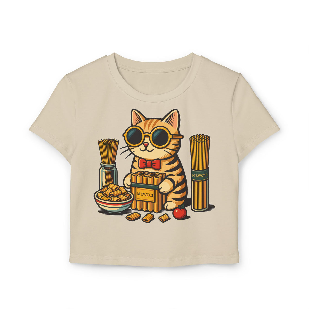 Mewcci Pasta Chef Cat Graphic Women's Baby Tee in sand, front view