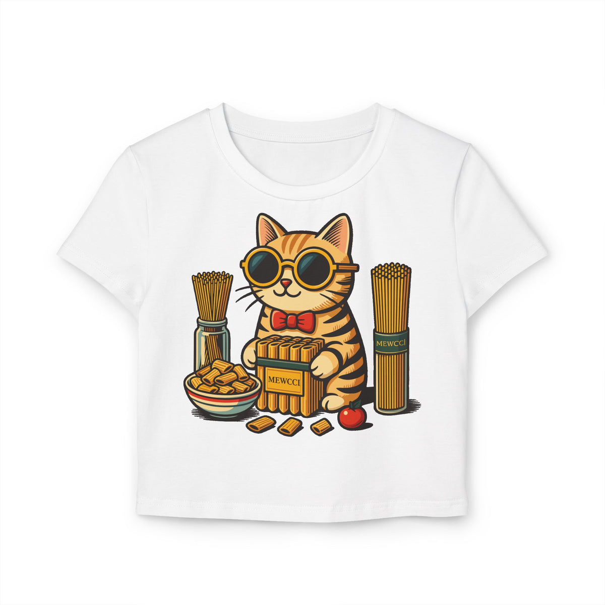 Mewcci Pasta Chef Cat Graphic Women's Baby Tee in white, front view
