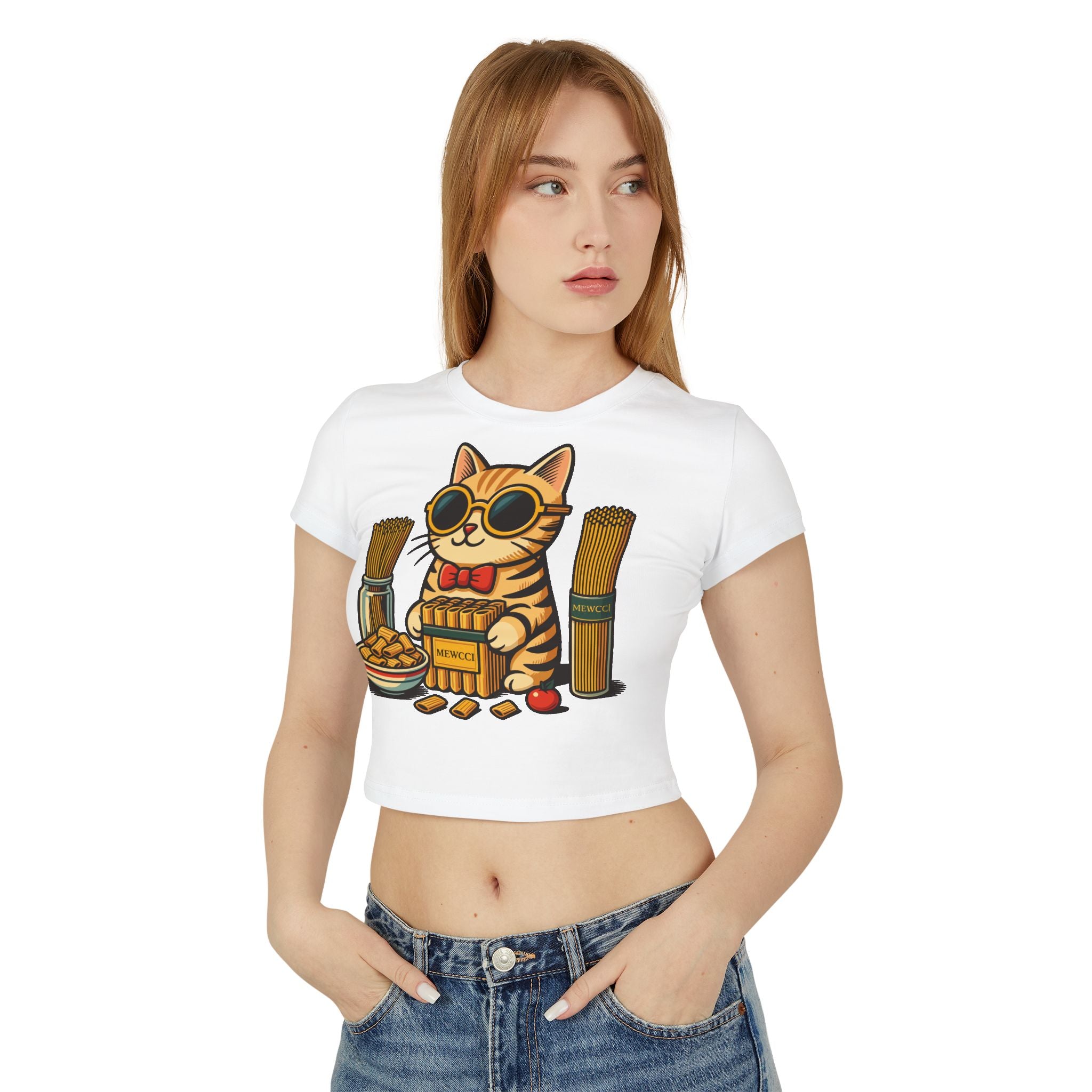 Mewcci Pasta Chef Cat Graphic Women's Baby Tee in white, worn by a model
