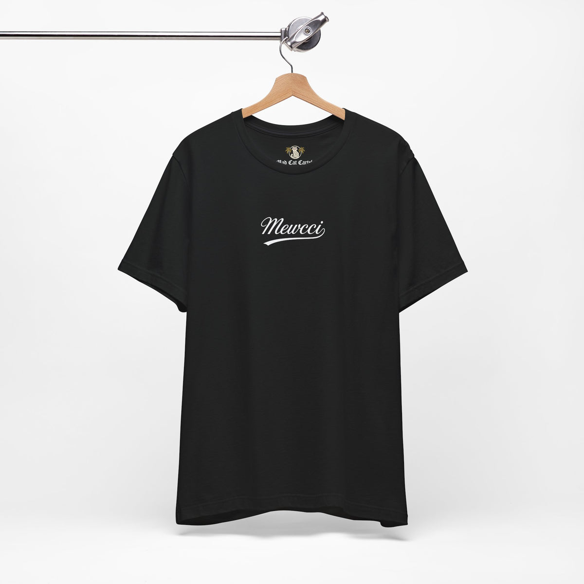 Mewcci Statement Cat Graphic T-Shirt in black, on a hanger