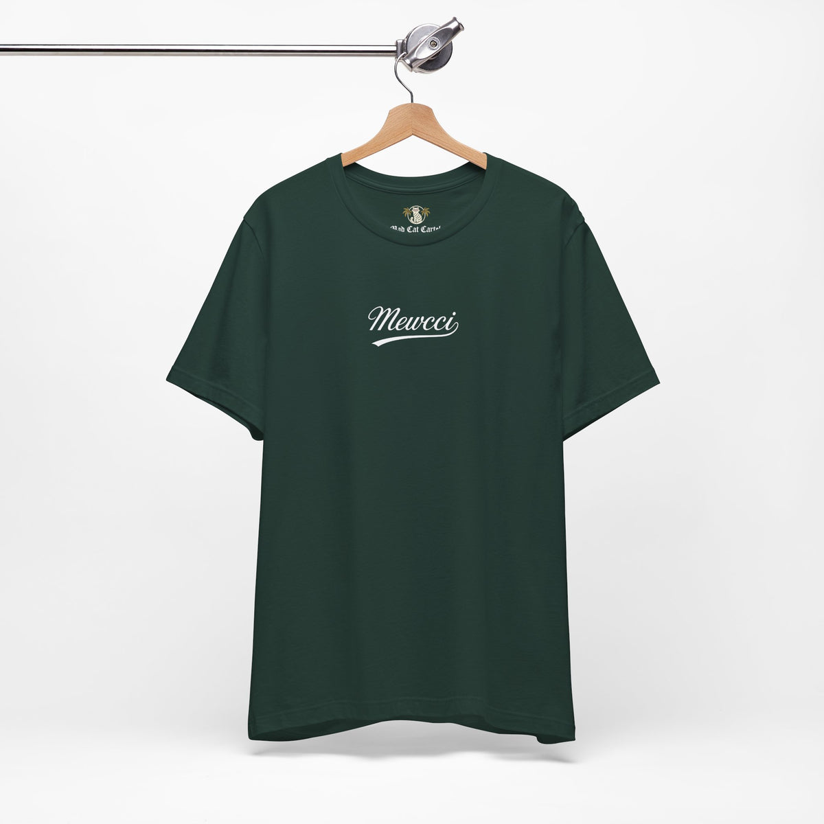 Mewcci Statement Cat Graphic T-Shirt in forest, on a hanger