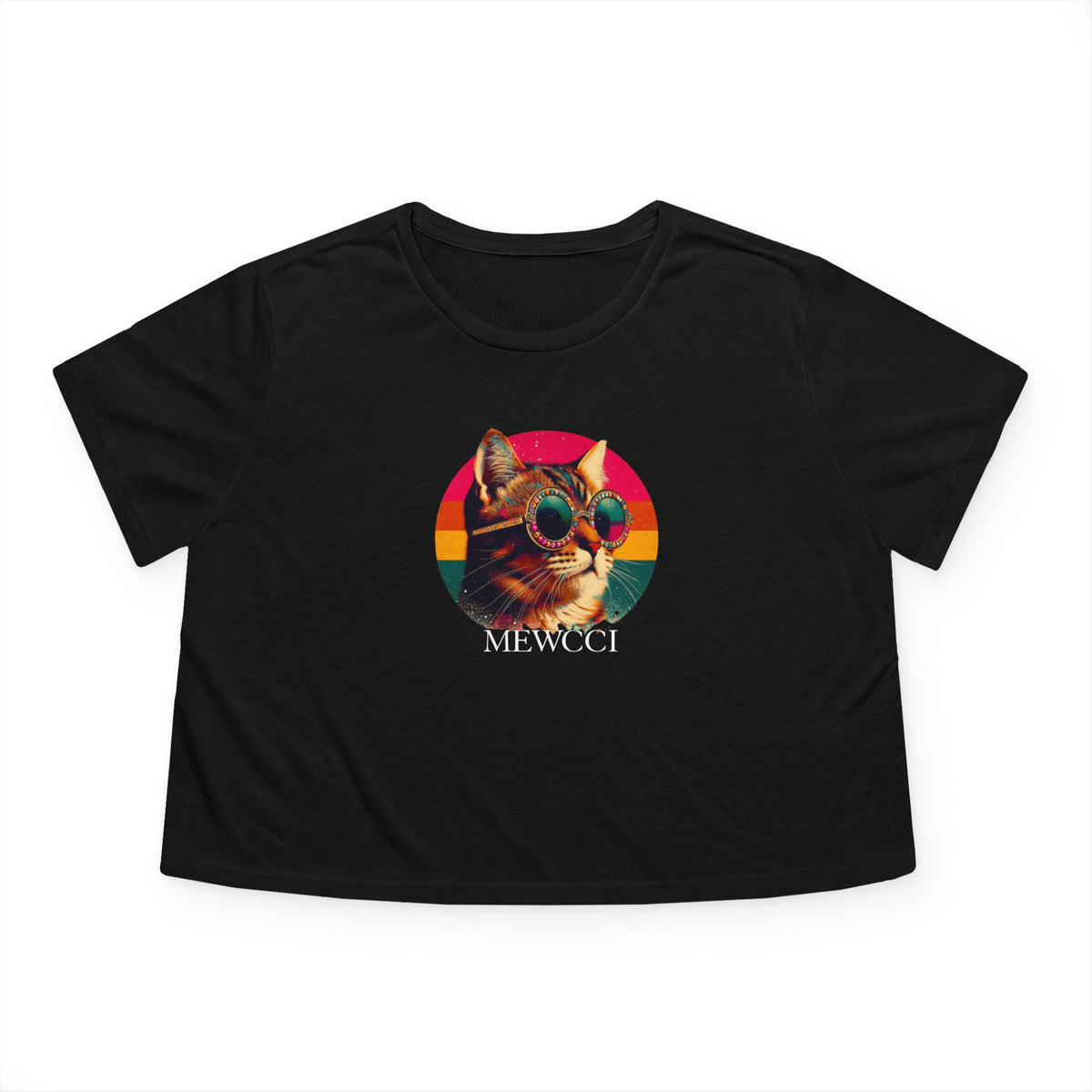 Mewcci Sunset Drip Cat Graphic Women's Cropped T-Shirt in black, front view