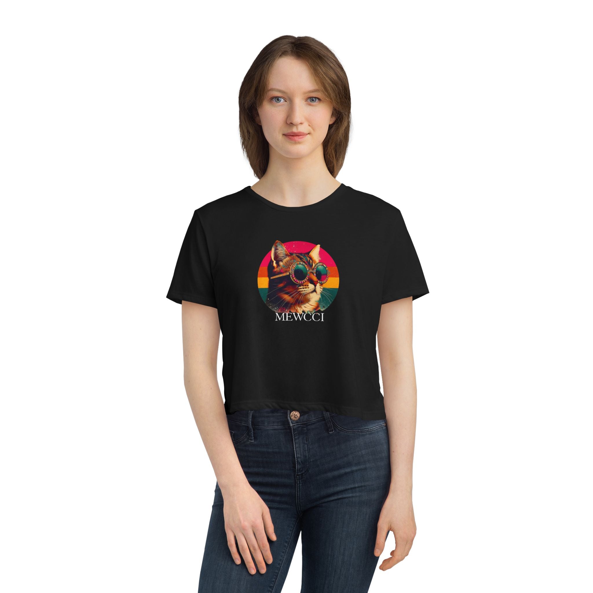 Mewcci Sunset Drip Cat Graphic Women's Cropped T-Shirt in black, worn by a model