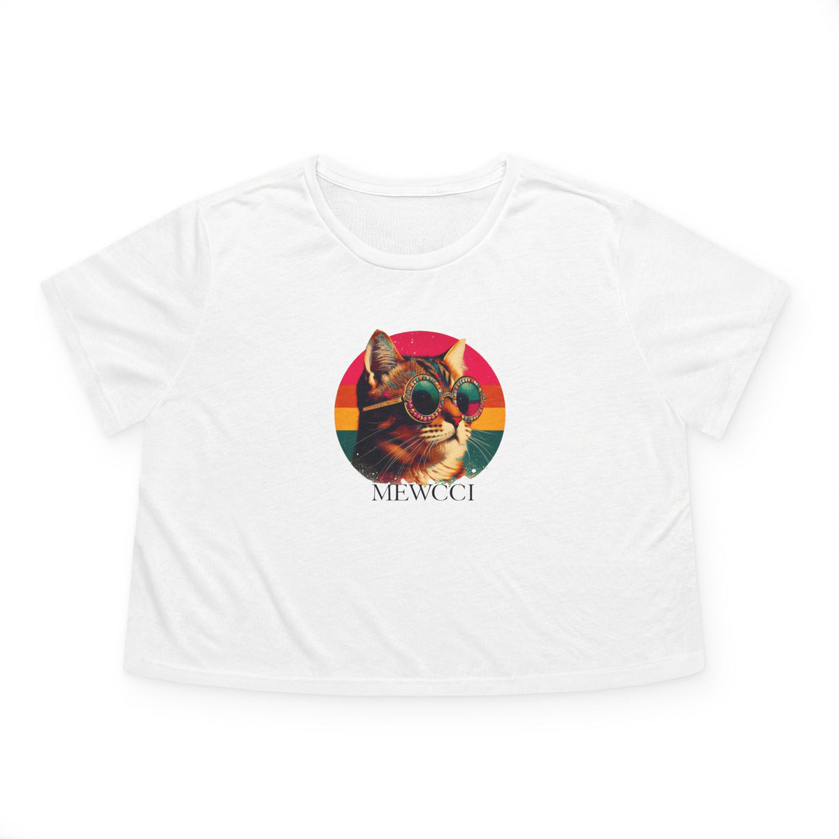 Mewcci Sunset Drip Cat Graphic Women's Cropped T-Shirt in white, flat lay