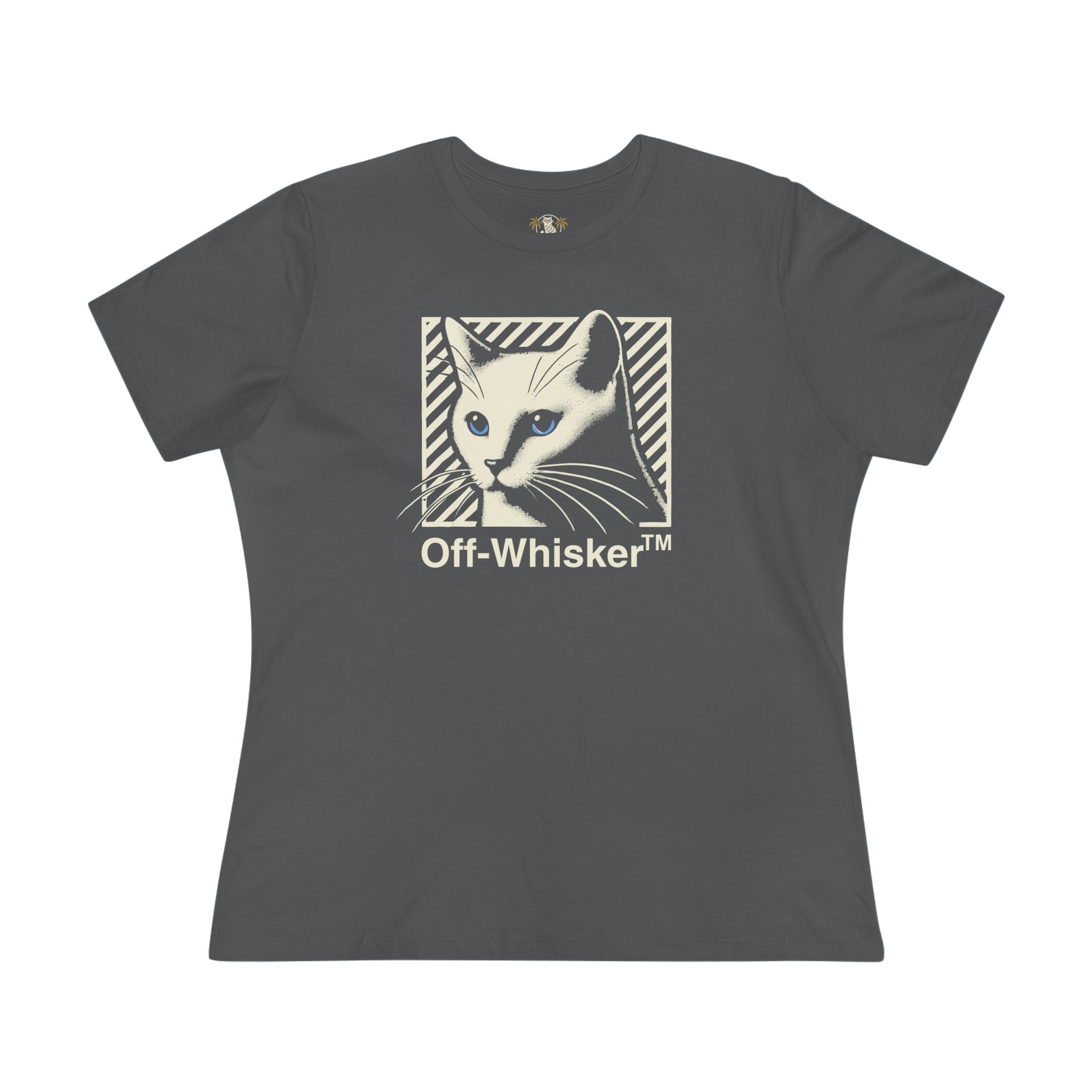 Off-Whisker Blue-Eyed Cat Graphic Women's T-Shirt in asphalt, front view