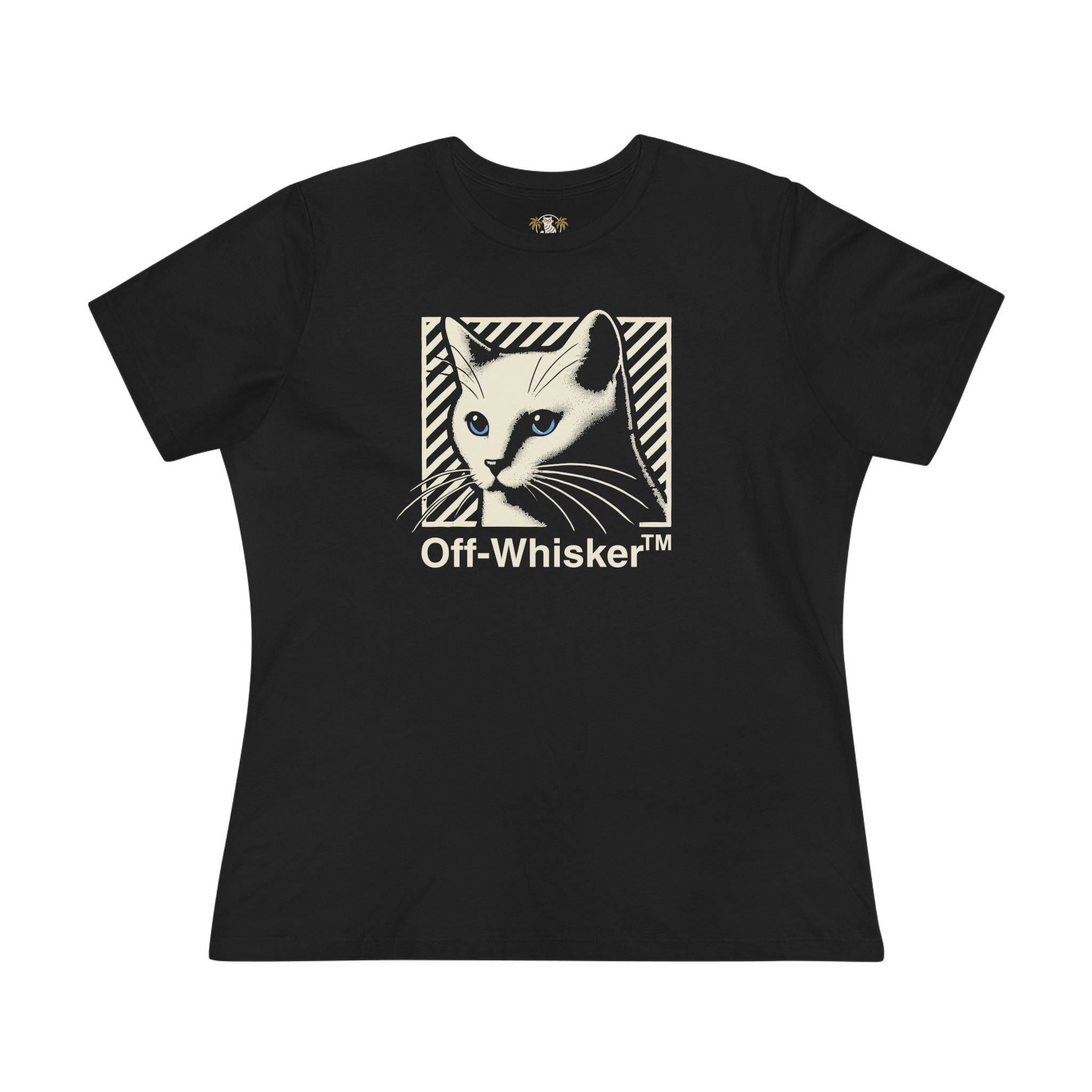Off-Whisker Blue-Eyed Cat Graphic Women's T-Shirt in black, front view