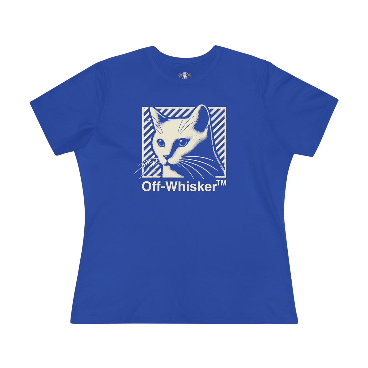 Off-Whisker Blue-Eyed Cat Graphic Women's T-Shirt in true royal, front view