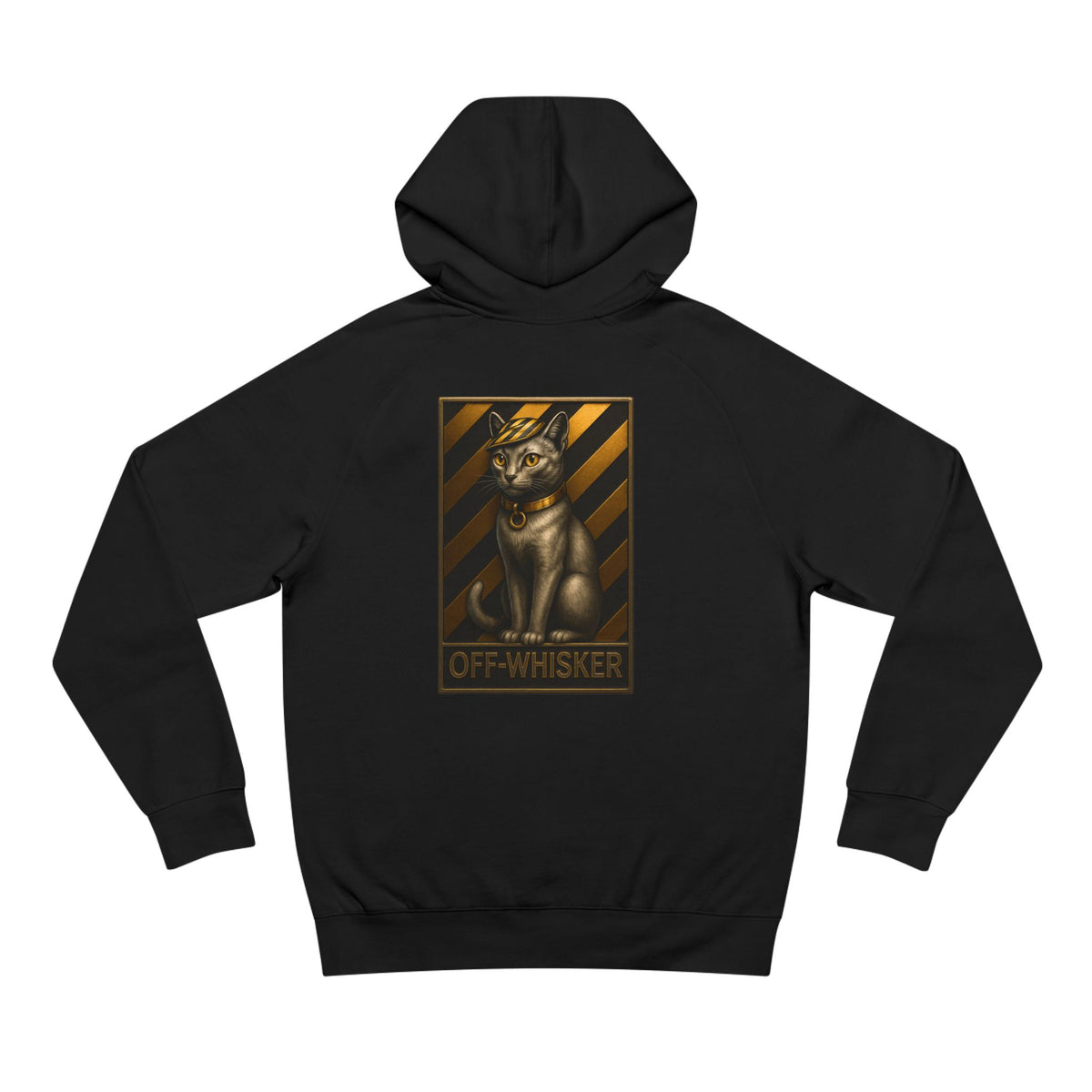 Off-Whisker Bronze Cat Emblem Graphic Black Hoodie, front view