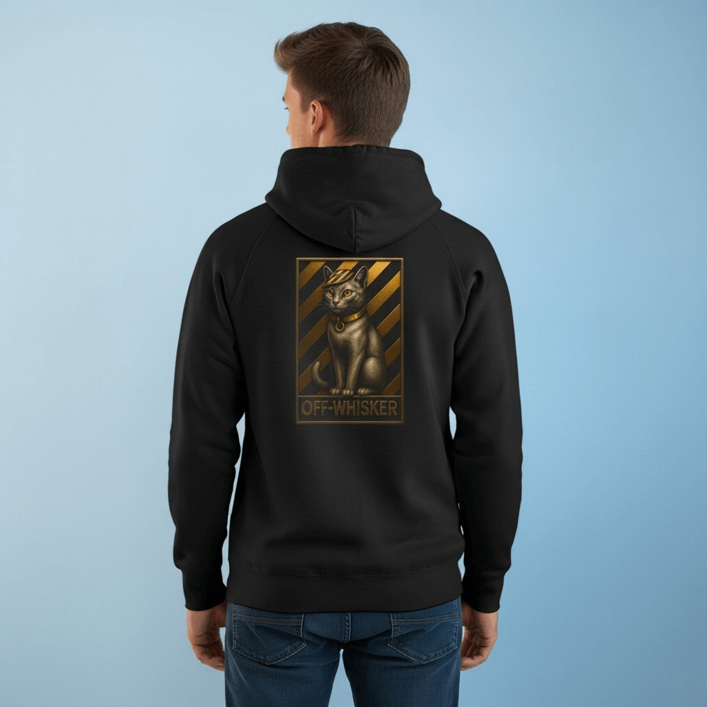 Off-Whisker Bronze Cat Emblem Graphic Black Hoodie, back view on a male model