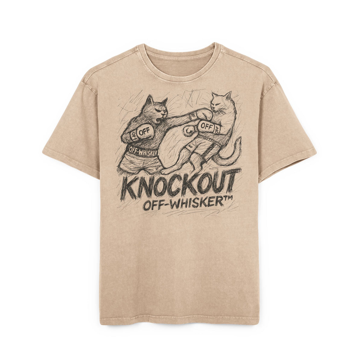 Off-Whisker Cat Knockout Acid Washed Cat Oversized T-Shirt in union beige, front view