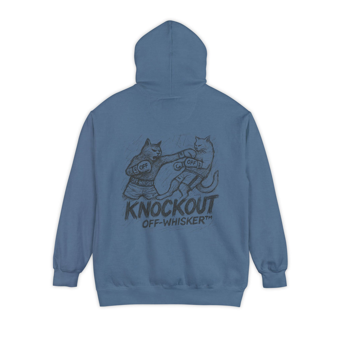 Off-Whisker Cat Knockout Sketch Graphic Hoodie in blue jean, back view