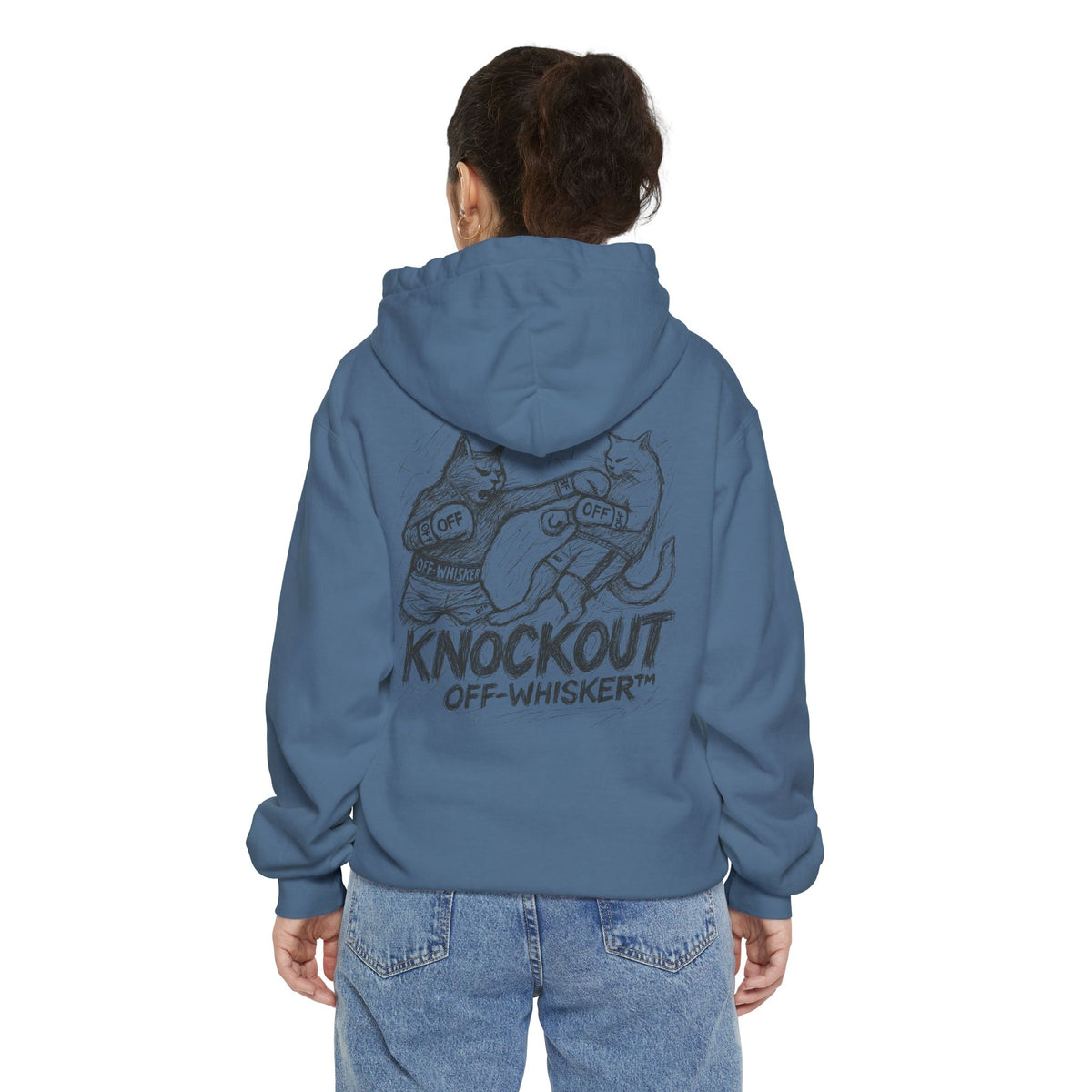 Off-Whisker Cat Knockout Sketch Graphic Hoodie in blue jean, back view on a female model