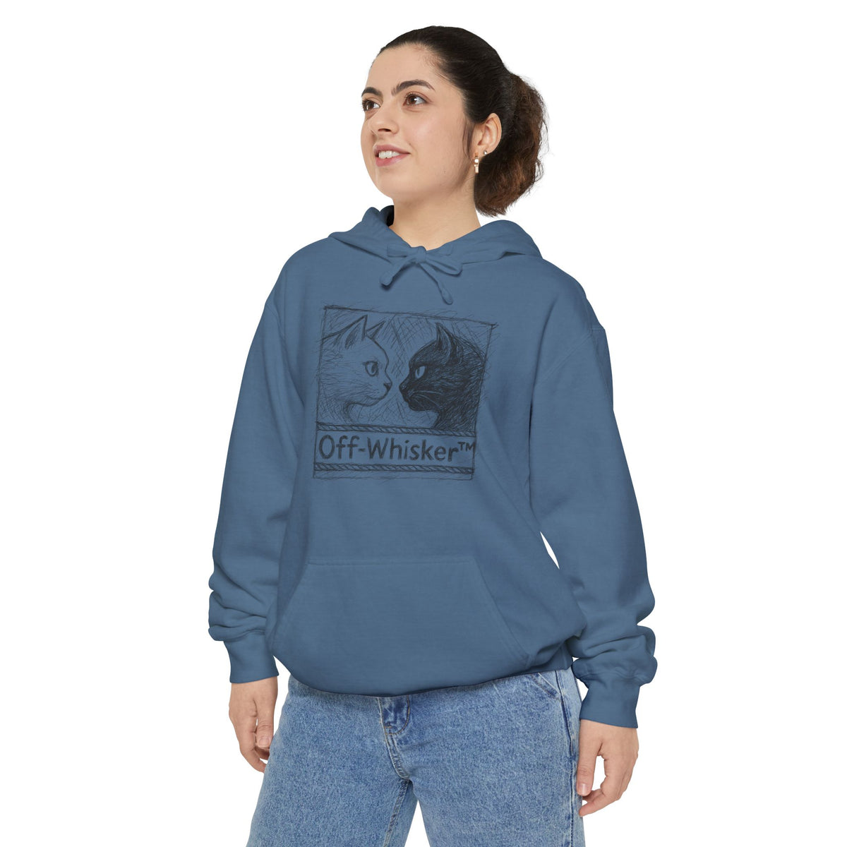 Off-Whisker Cat Knockout Sketch Graphic Hoodie in blue jean, worn by a female model