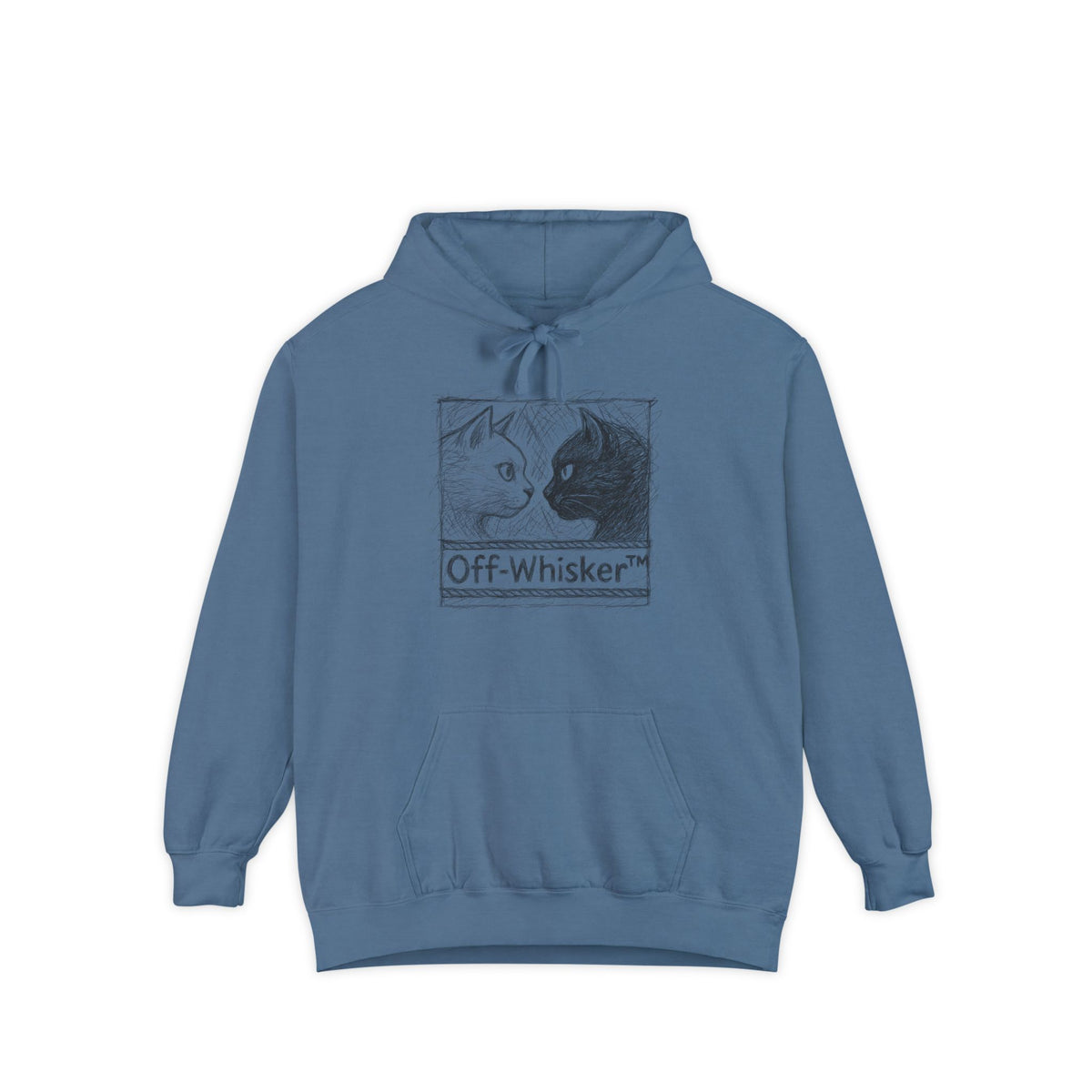 Off-Whisker Cat Knockout Sketch Graphic Hoodie in blue jean, front view