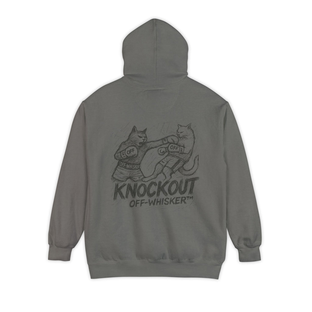 Off-Whisker Cat Knockout Sketch Graphic Hoodie in grey, back view