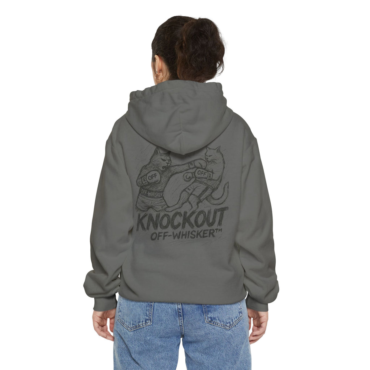 Off-Whisker Cat Knockout Sketch Graphic Hoodie in grey, back view on a female model