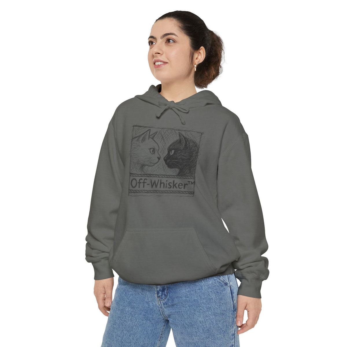 Off-Whisker Cat Knockout Sketch Graphic Hoodie in grey, worn by a female model