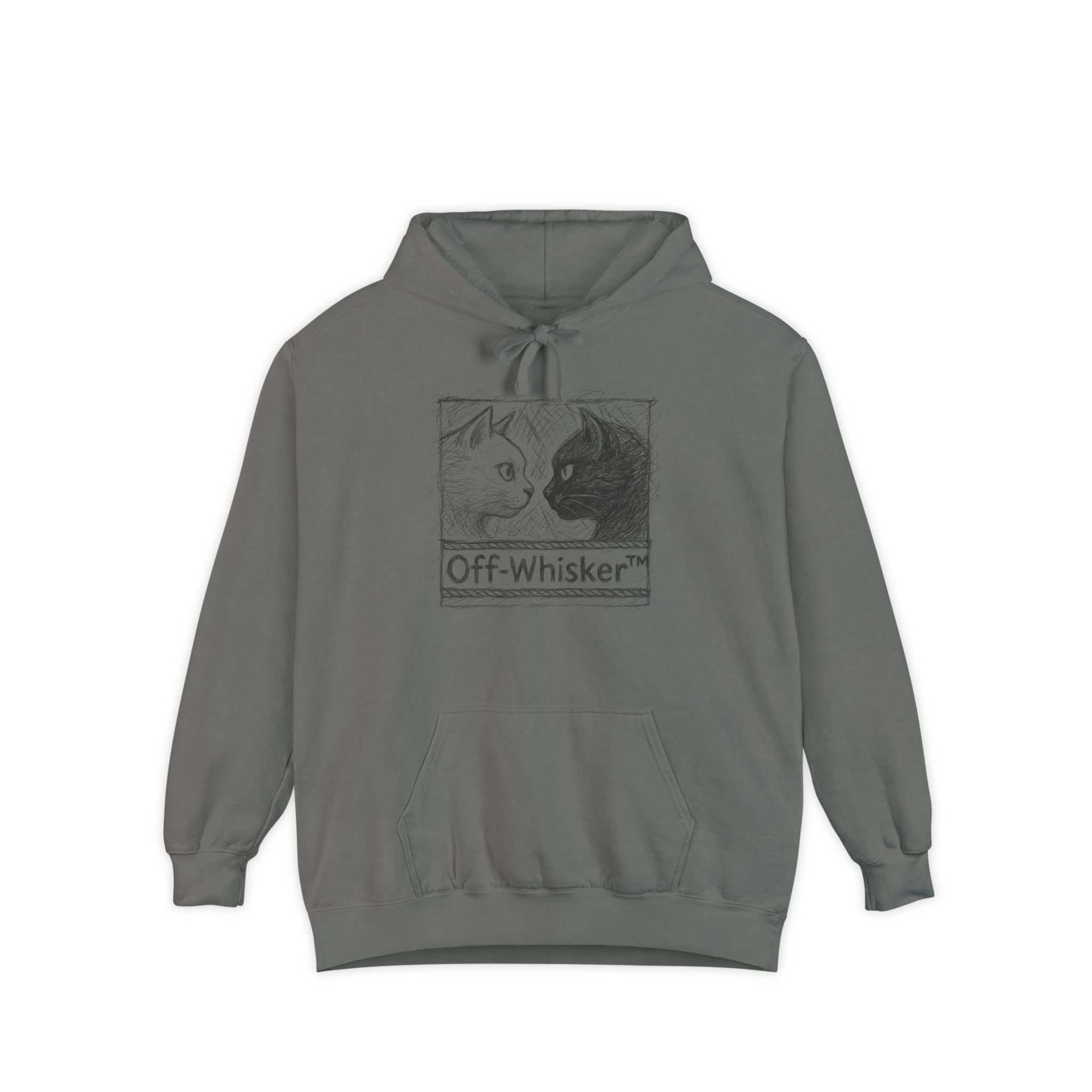 Off-Whisker Cat Knockout Sketch Graphic Hoodie in grey, front view