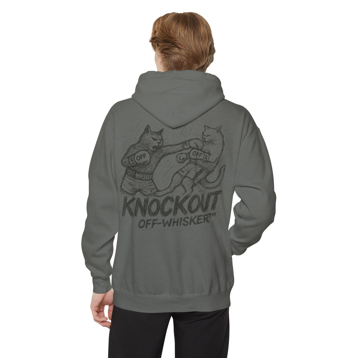 Off-Whisker Cat Knockout Sketch Graphic Hoodie in grey, back view on a male model