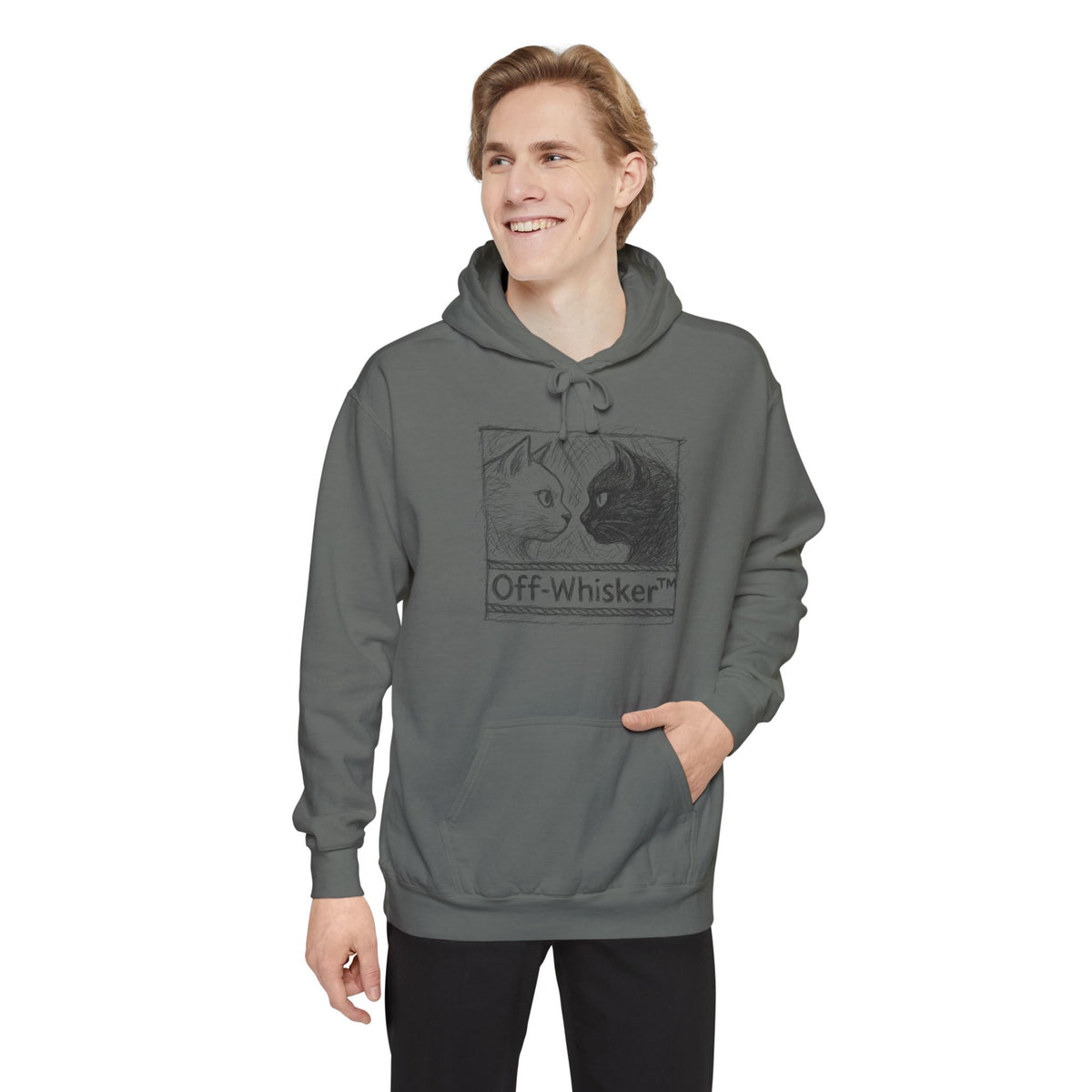 Off-Whisker Cat Knockout Sketch Graphic Hoodie in grey, worn by a male model