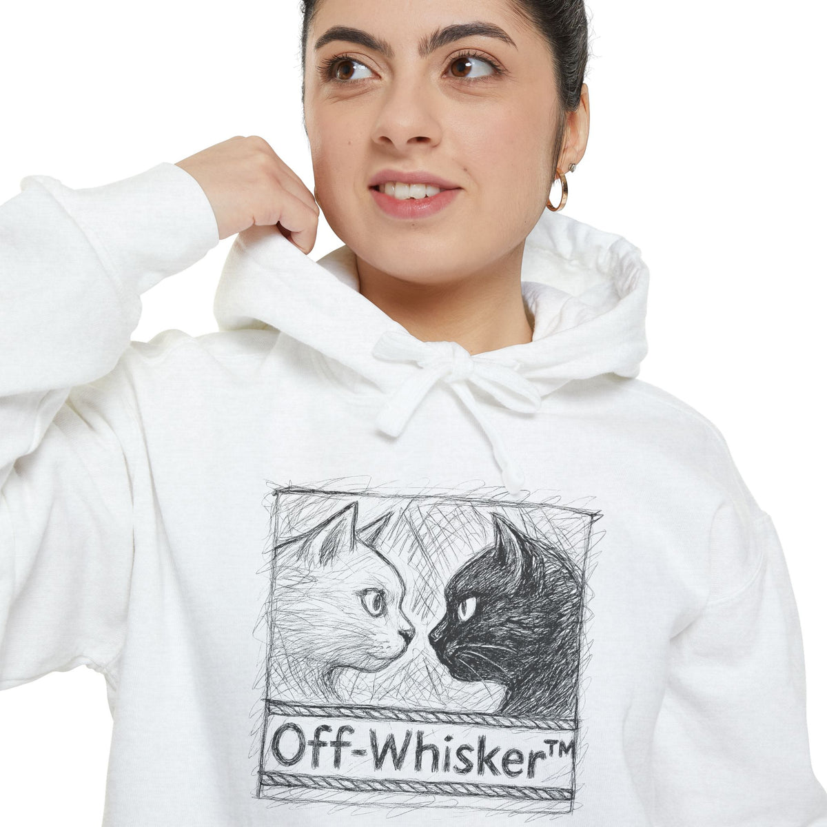 Off-Whisker Cat Knockout Sketch Graphic Hoodie in white, worn by a female model