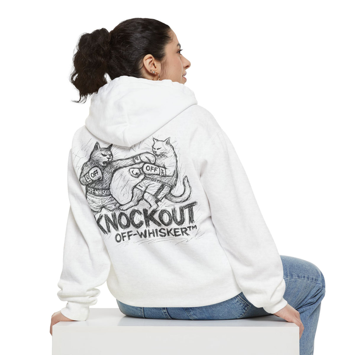 Off-Whisker Cat Knockout Sketch Graphic Hoodie in white, back view on a female model