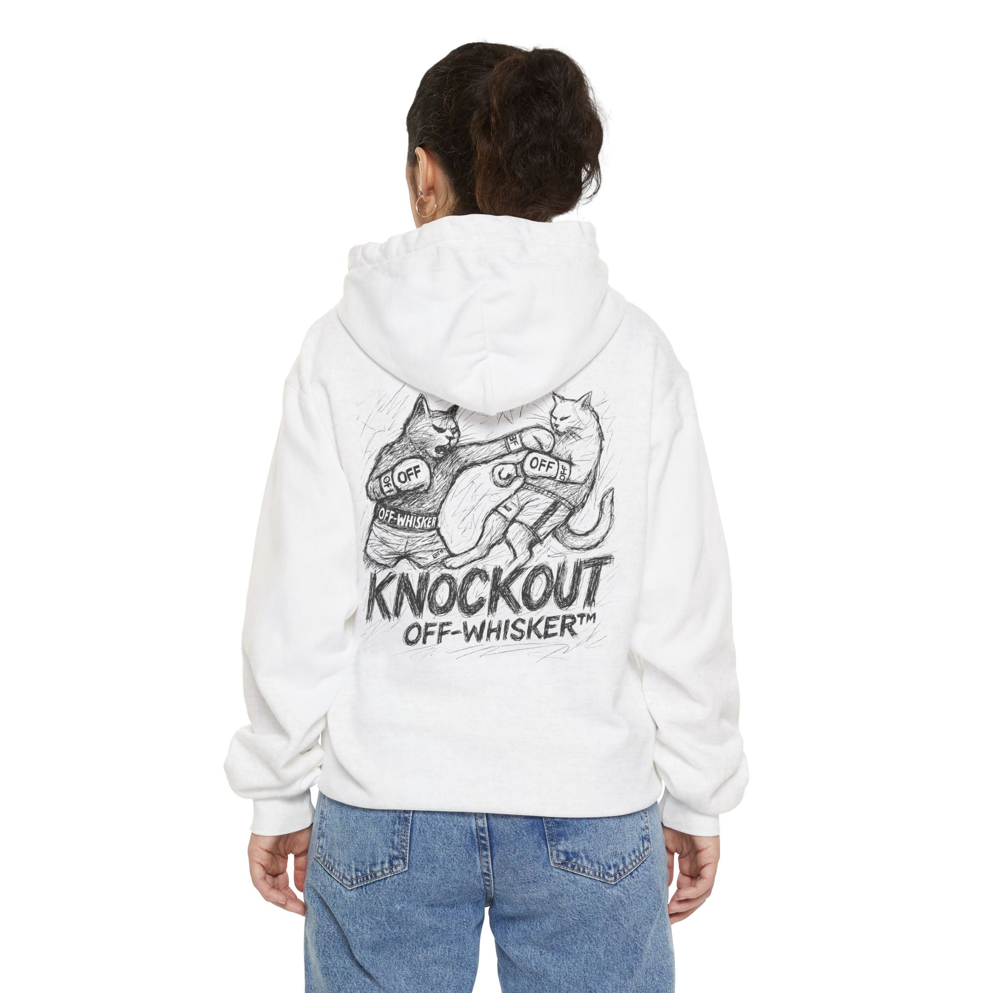 Off-Whisker Cat Knockout Sketch Graphic Hoodie in white, back view on a female model