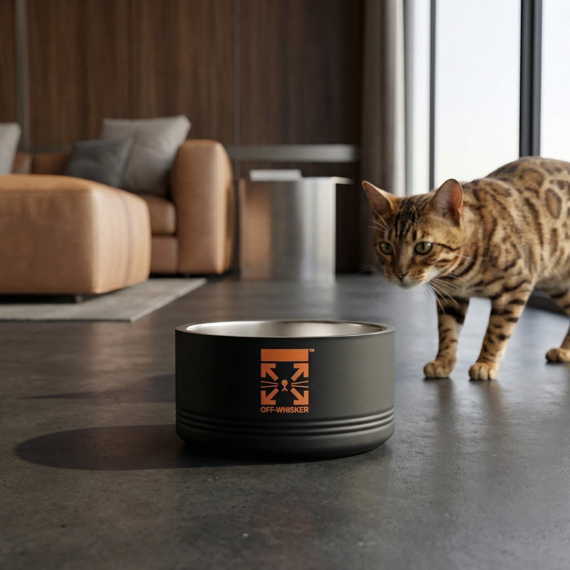 Black cat bowl with designer stripe back design and Bengal cat