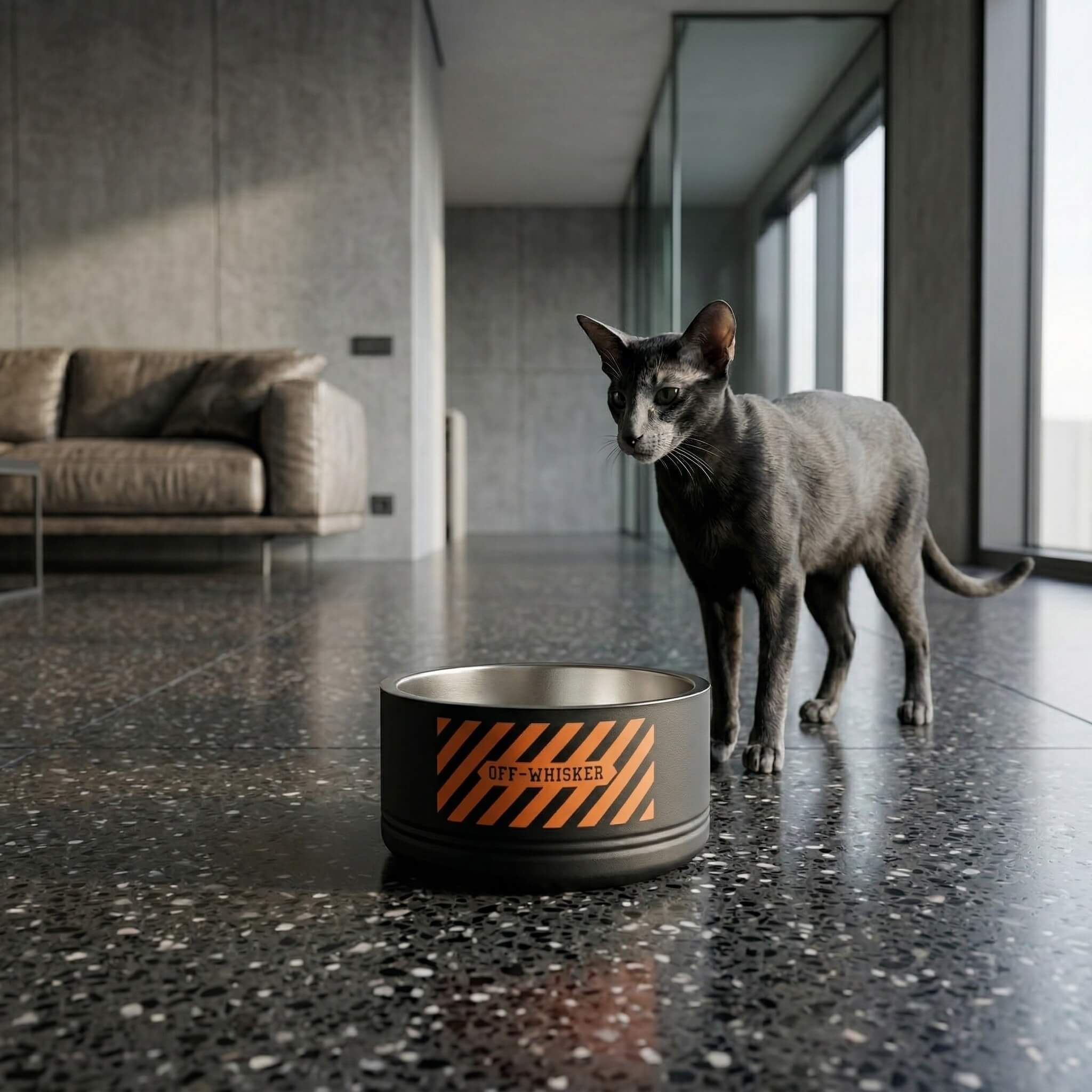 Off-Whisker black cat bowl with stripe back design and black cat