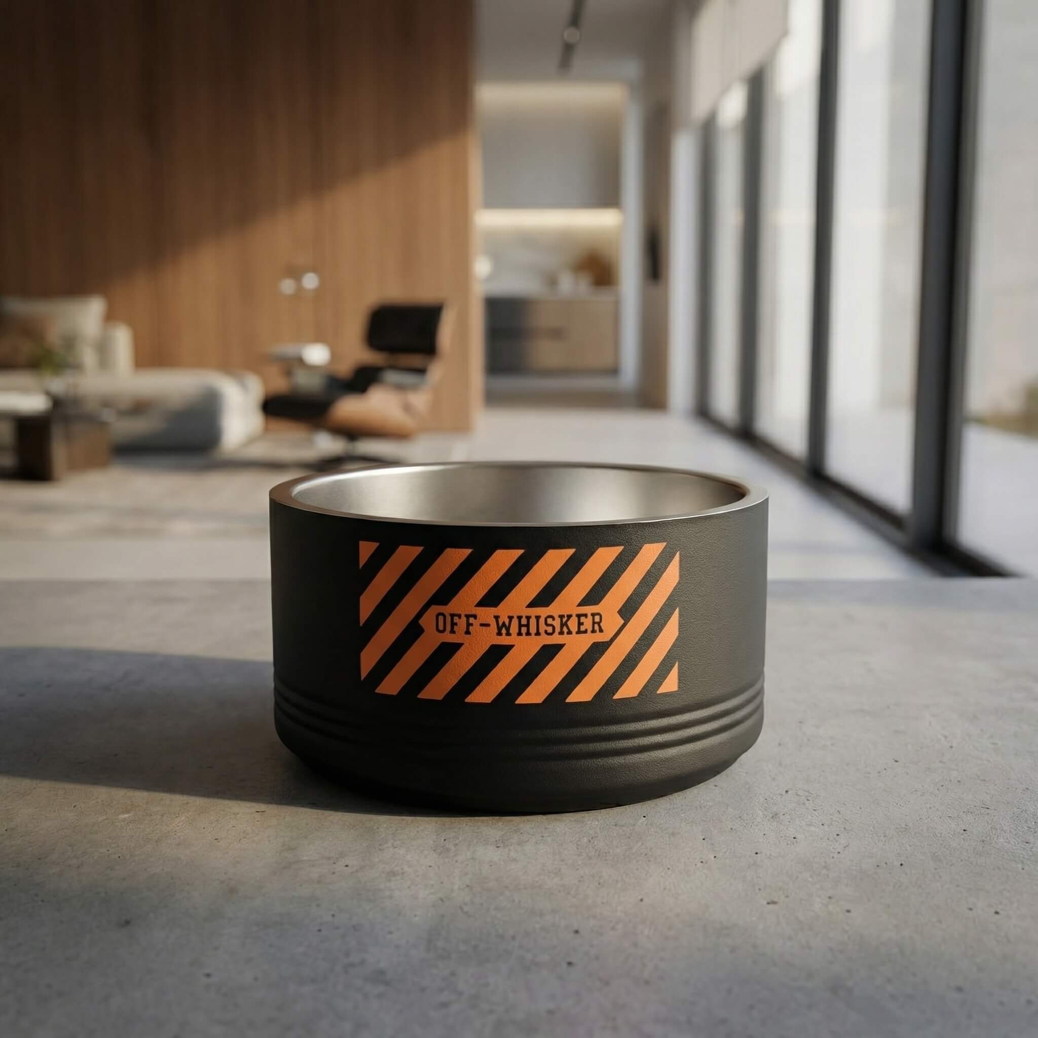 Designer cat bowl with 'Off-Whisker' branding on a concrete floor