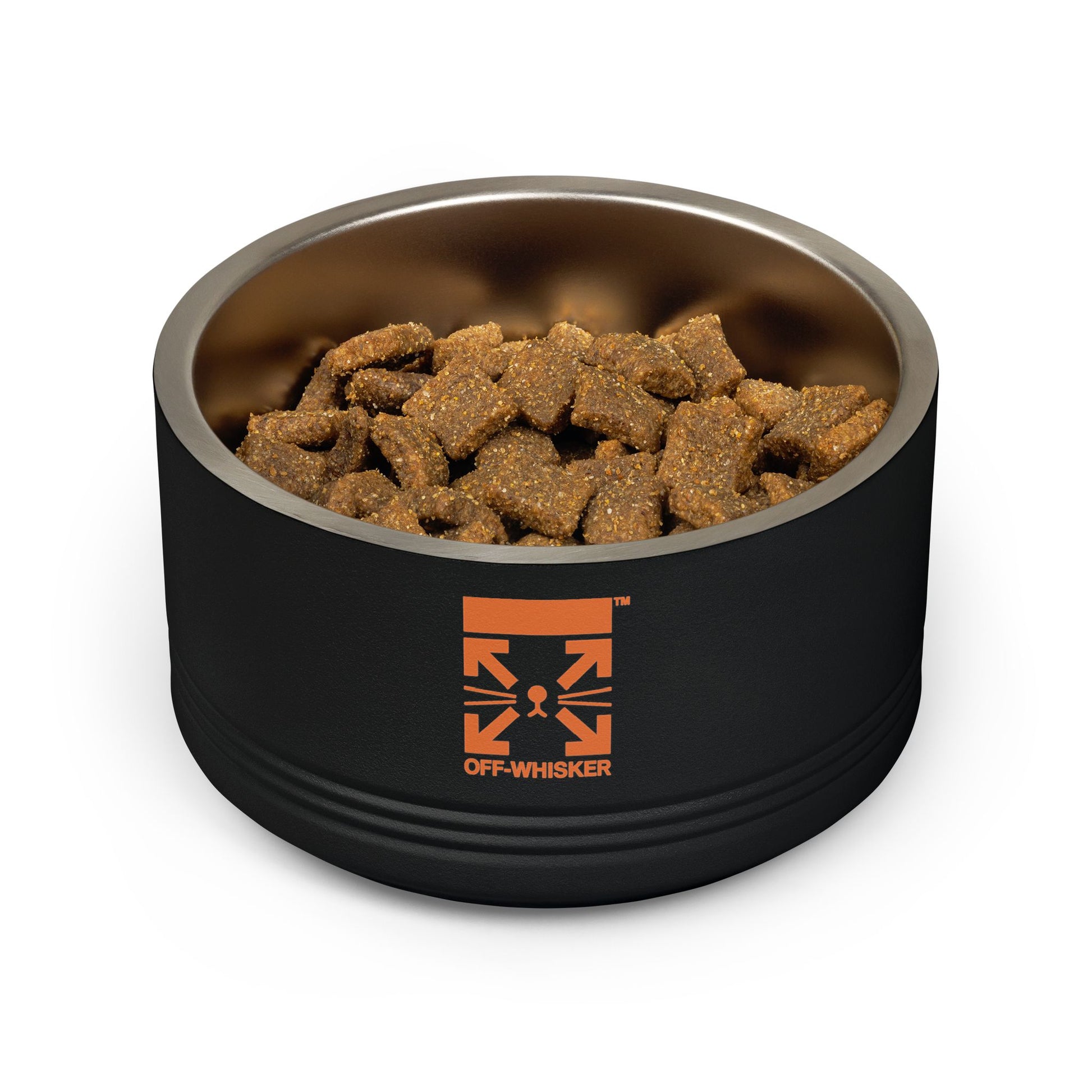 Off-Whisker black stainless steel cat bowl front logo with kibble