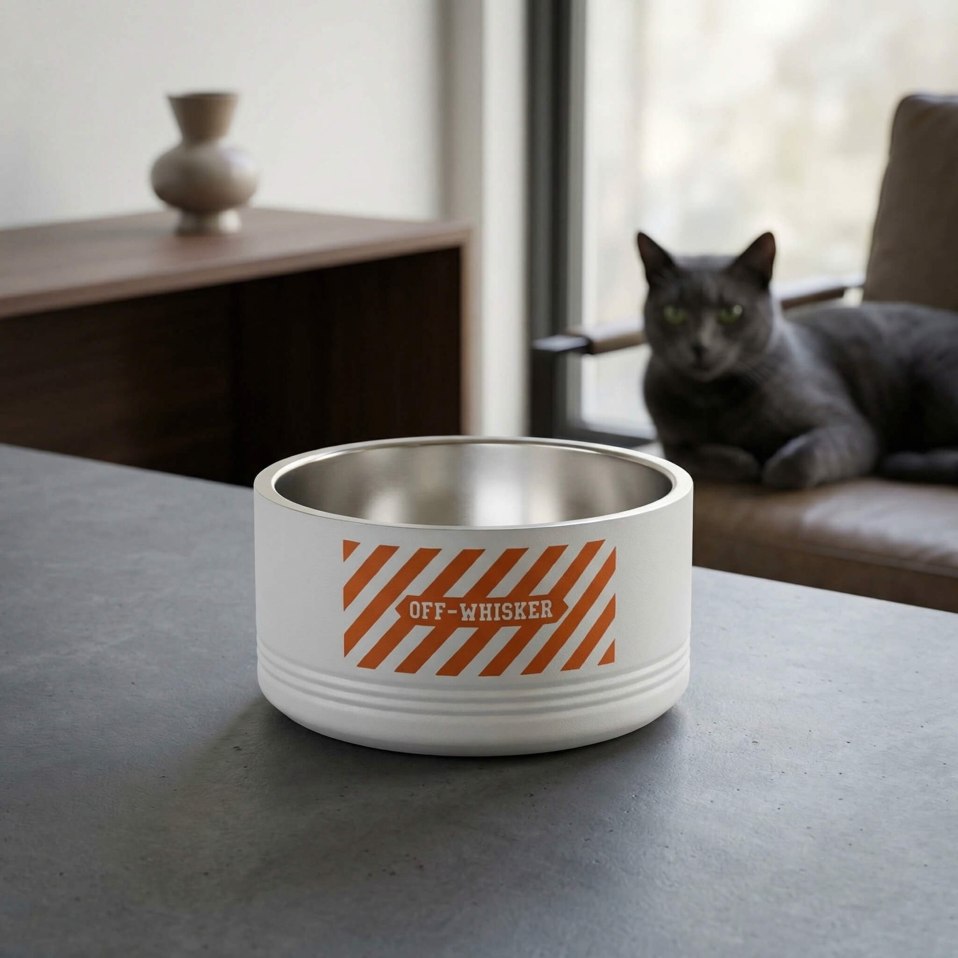 Off-Whisker white designer cat bowl with stripe back design on counter