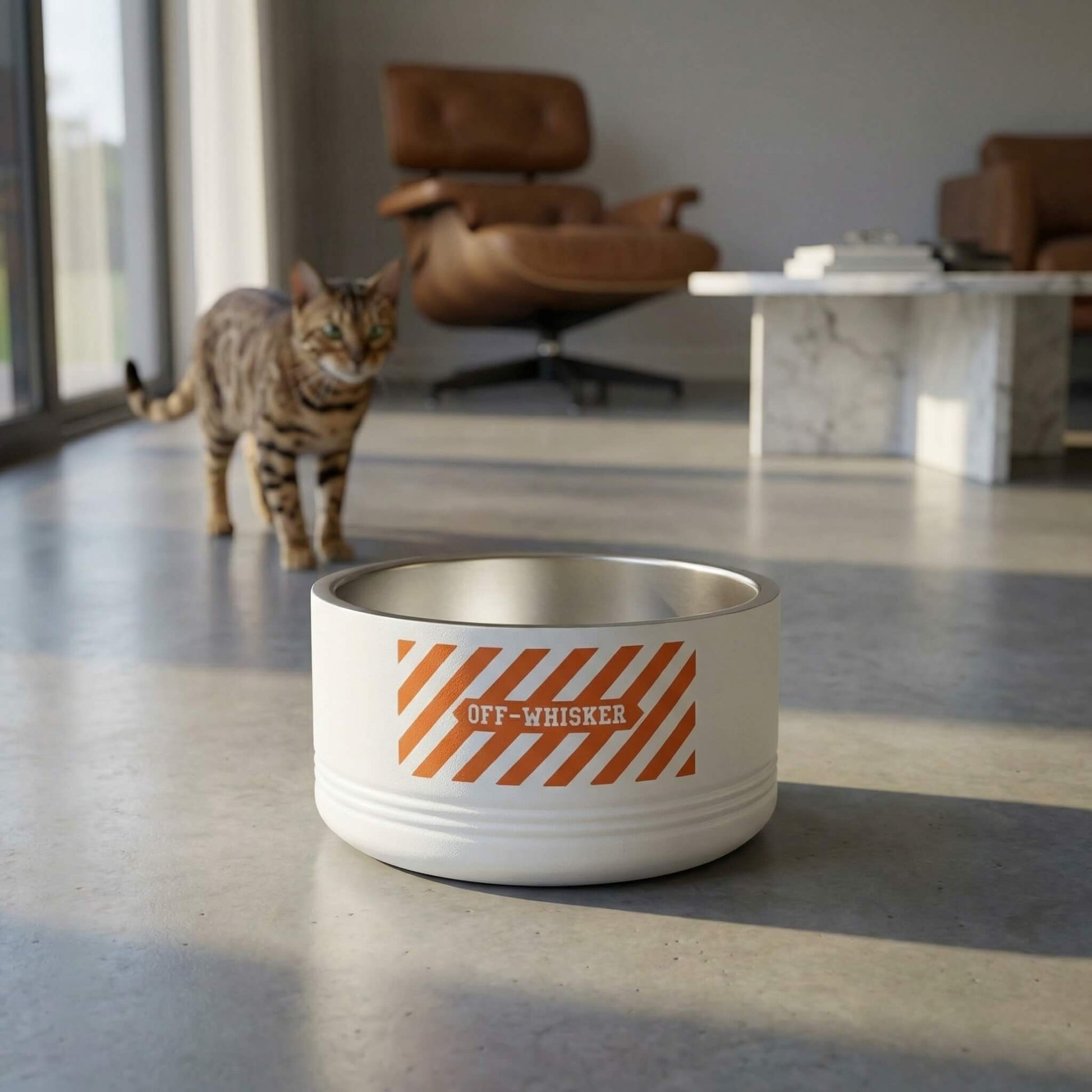 White pet bowl with orange and white striped design on a floor, with a cat in the background