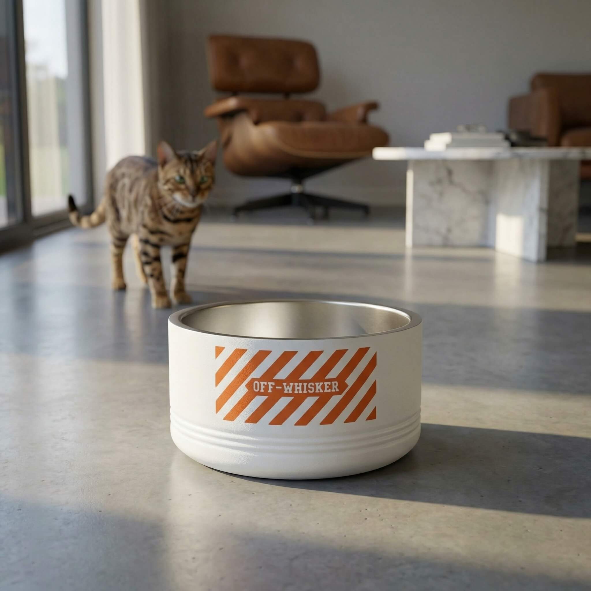 White pet bowl with orange and white striped design on a floor, with a cat in the background