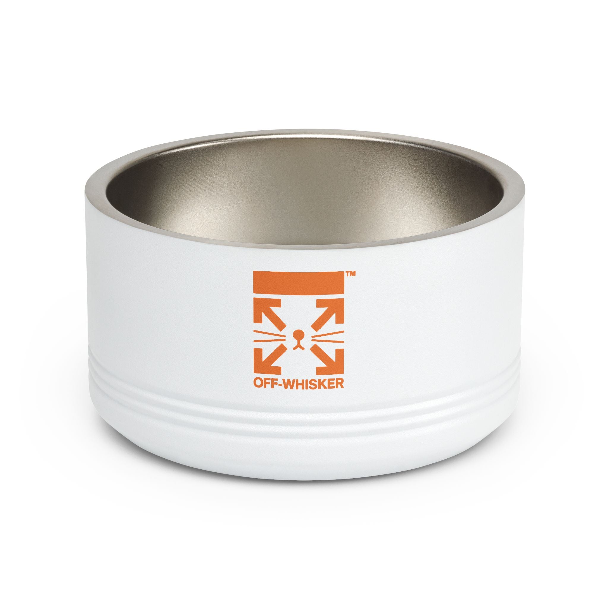 Off-Whisker white designer cat bowl stainless steel pet bowl front logo