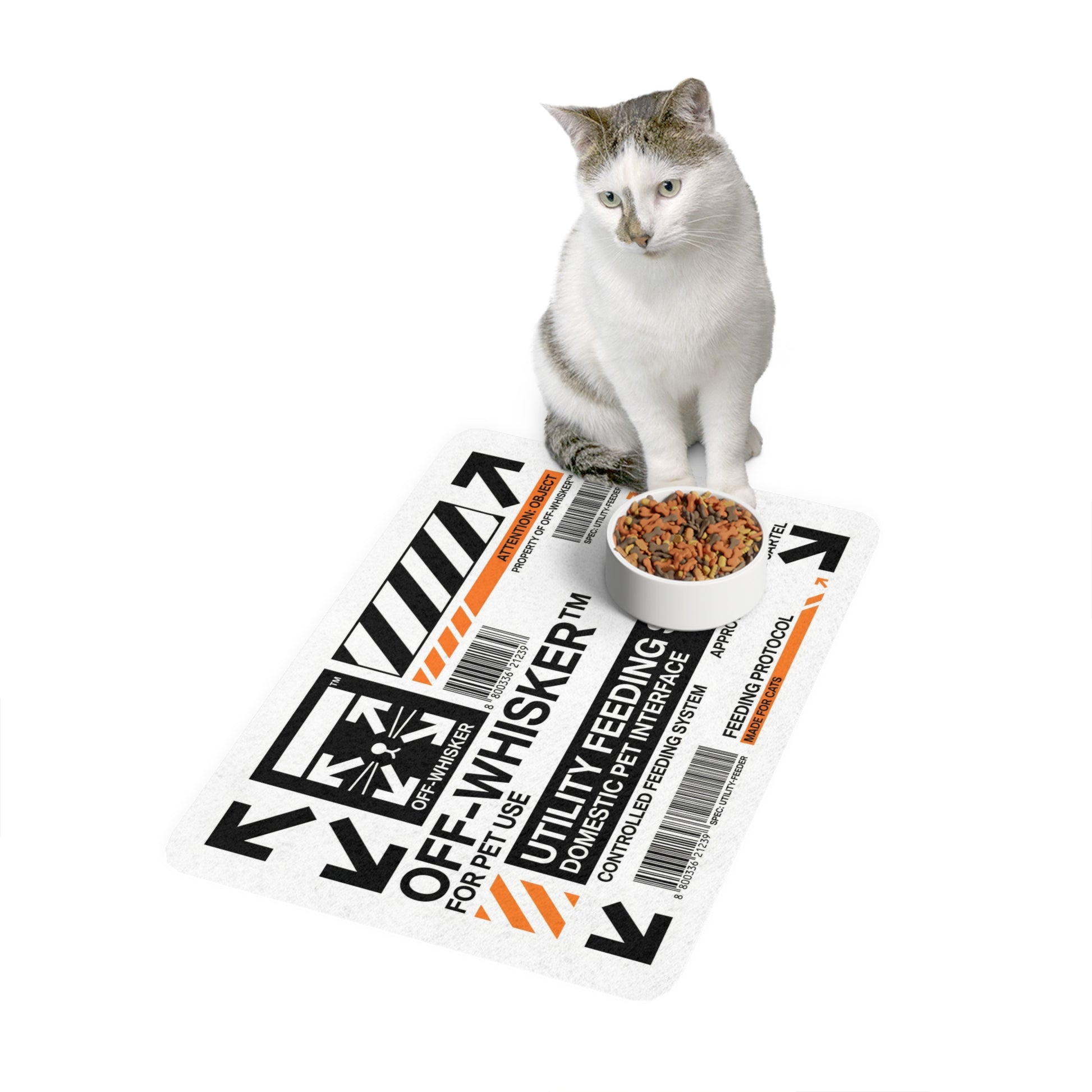 Off Whisker cat food mat with cat and bowl designer pet feeding mat by Mad Cat Cartel