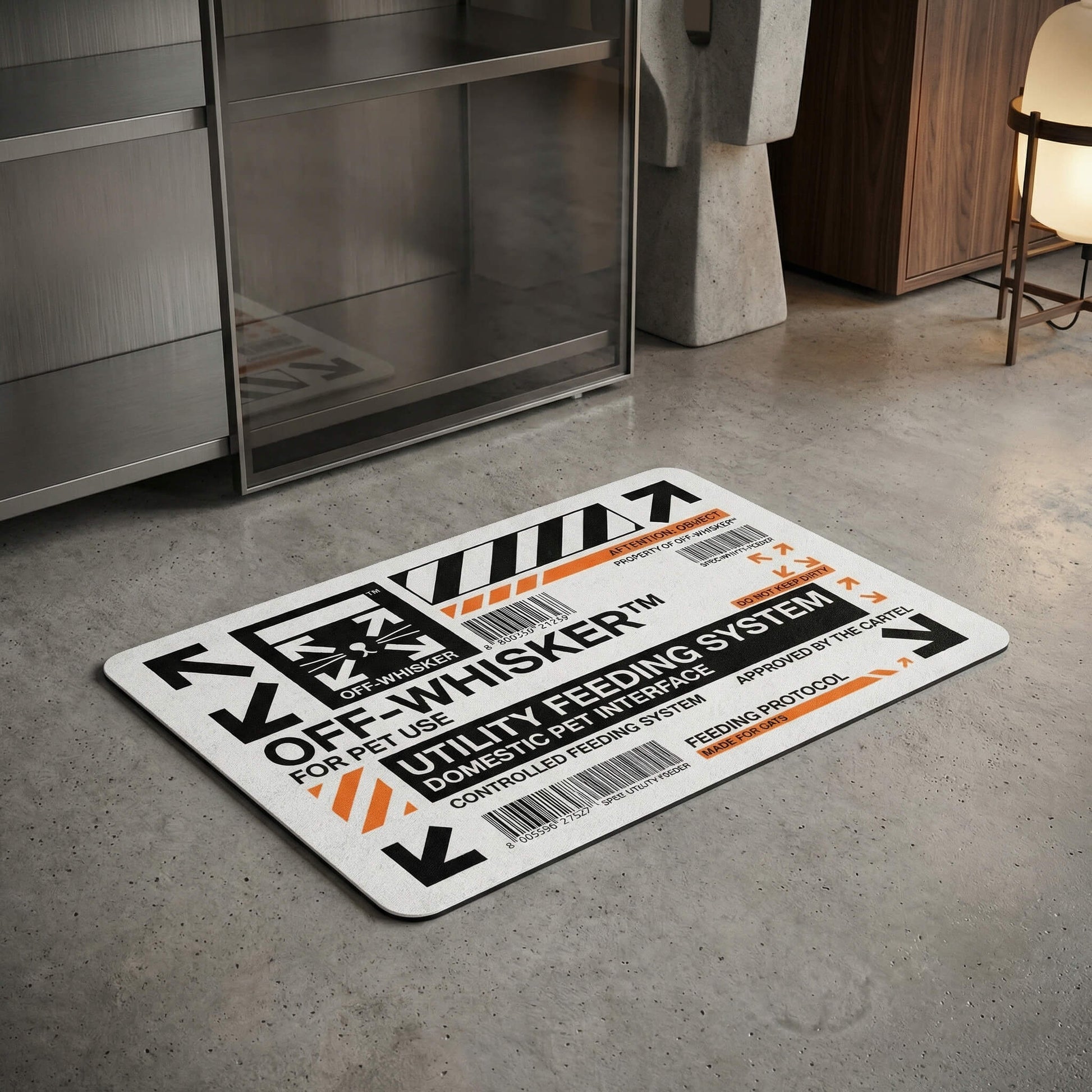 Off Whisker white cat food mat in industrial room pet feeding mat by Mad Cat Cartel