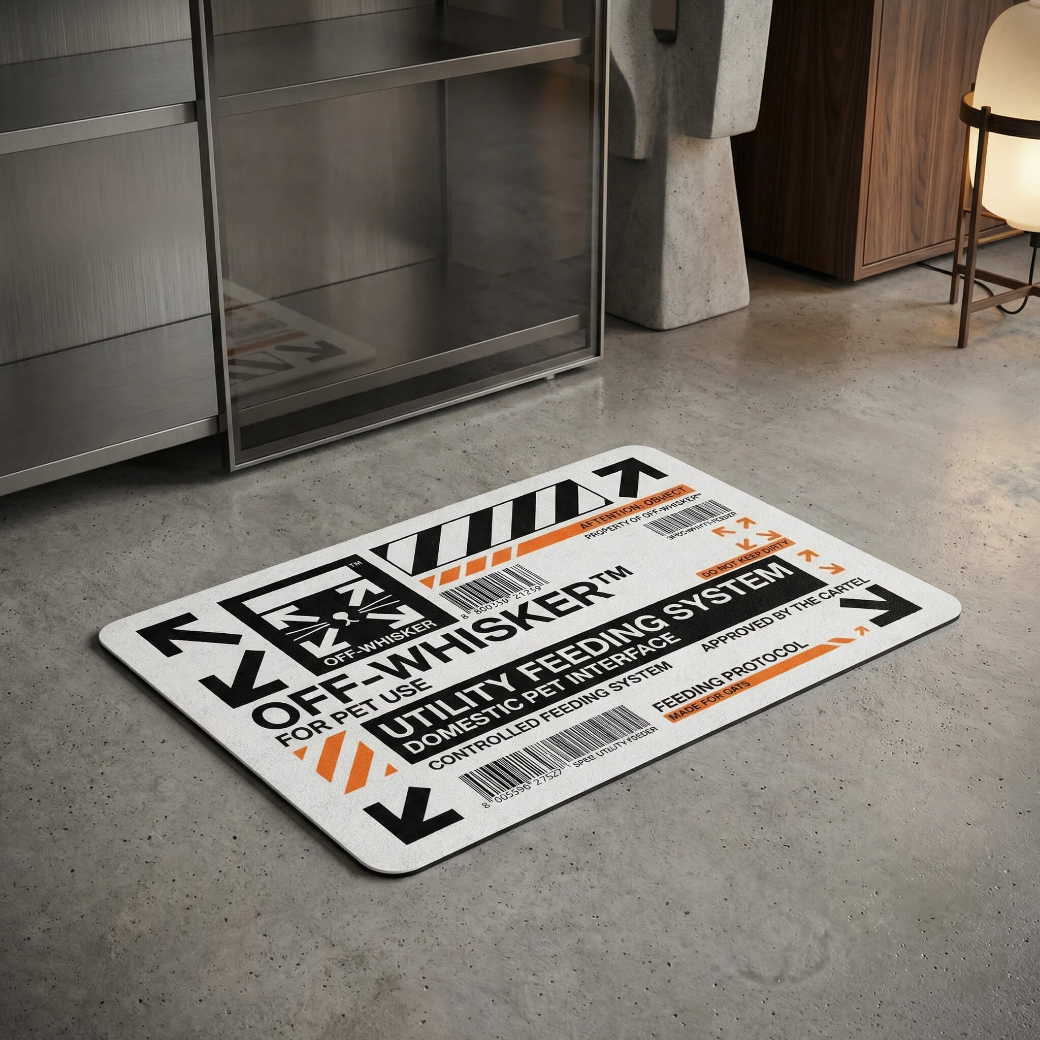 Off Whisker white cat food mat in industrial room pet feeding mat by Mad Cat Cartel