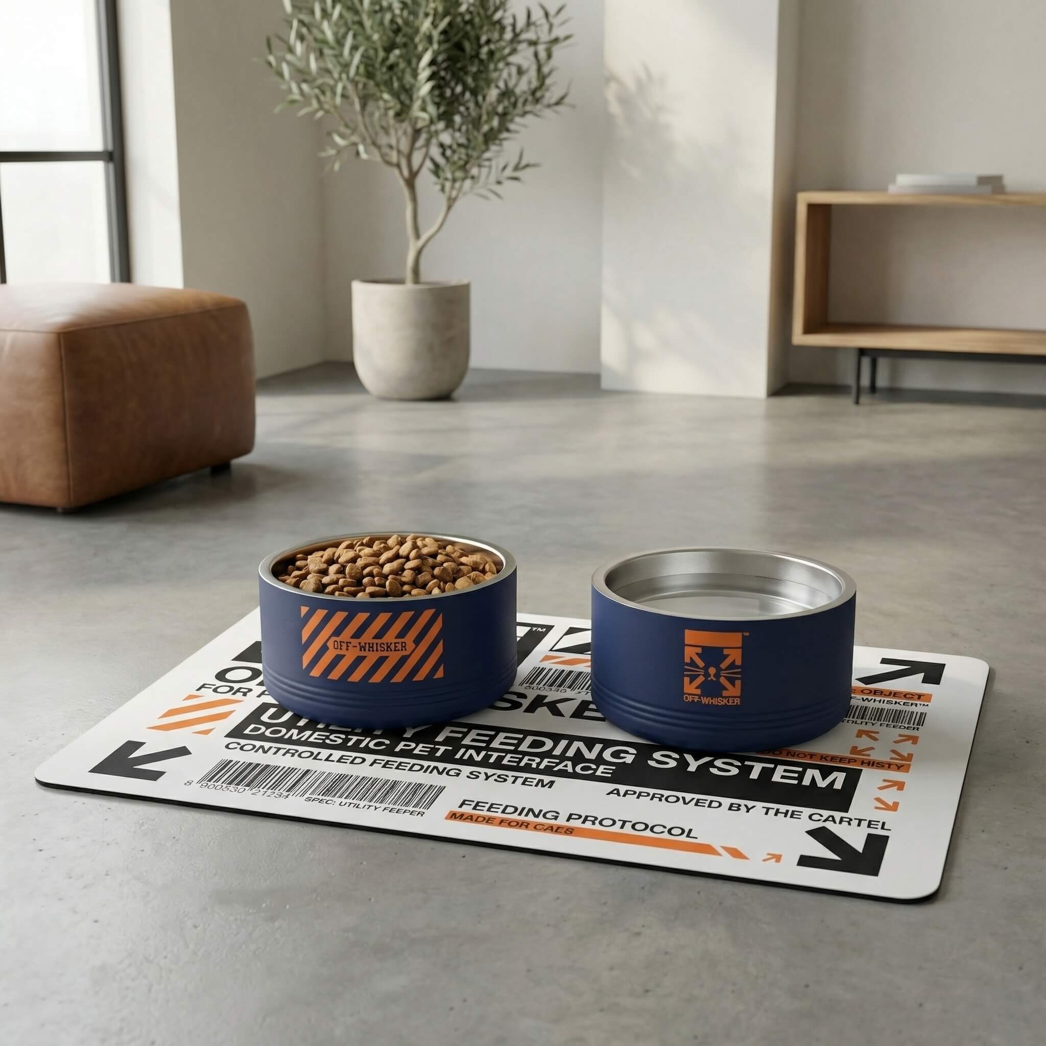 Blue stainless steel cat bowls on matching designer feeding mat