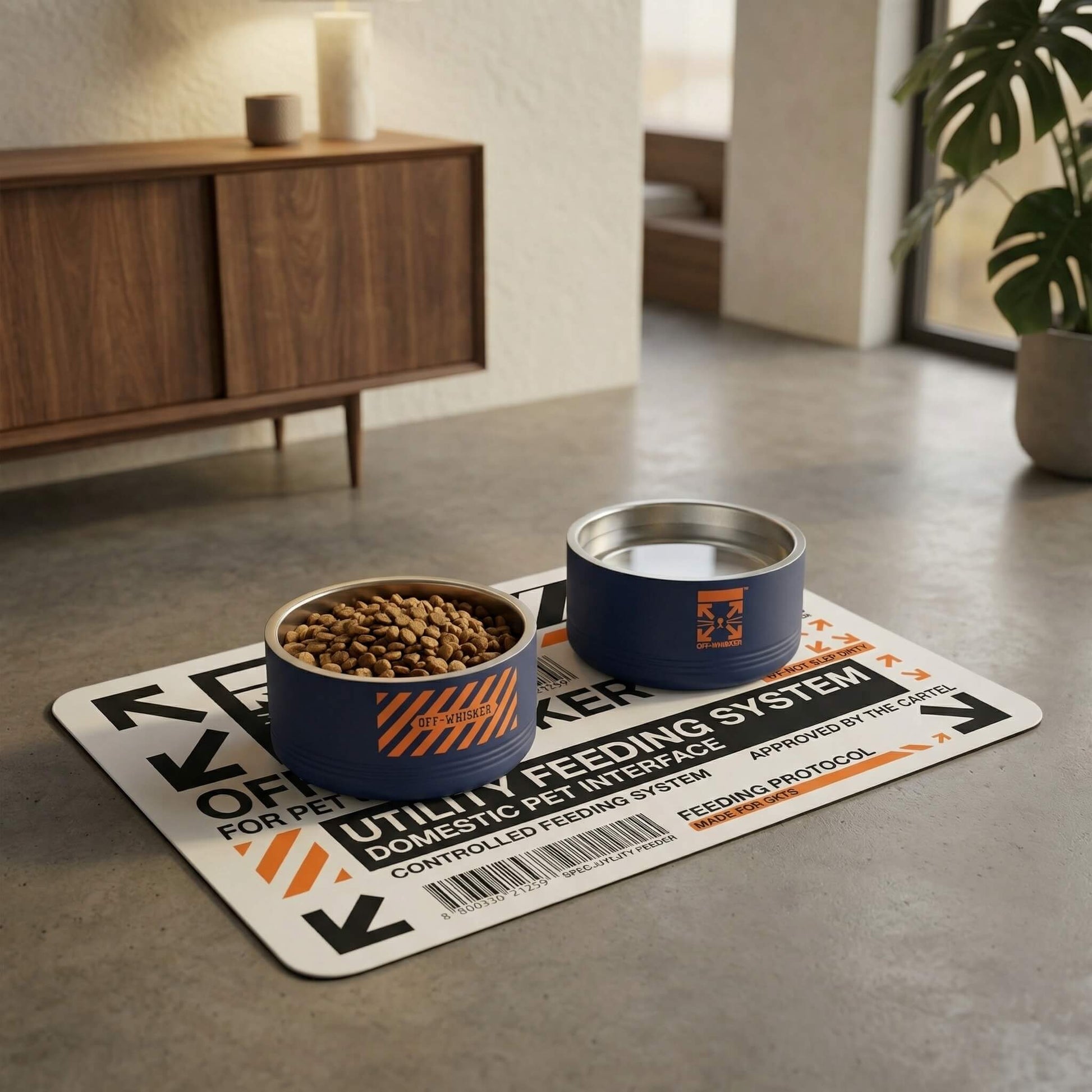 Blue cat bowl set on designer cat feeding mat