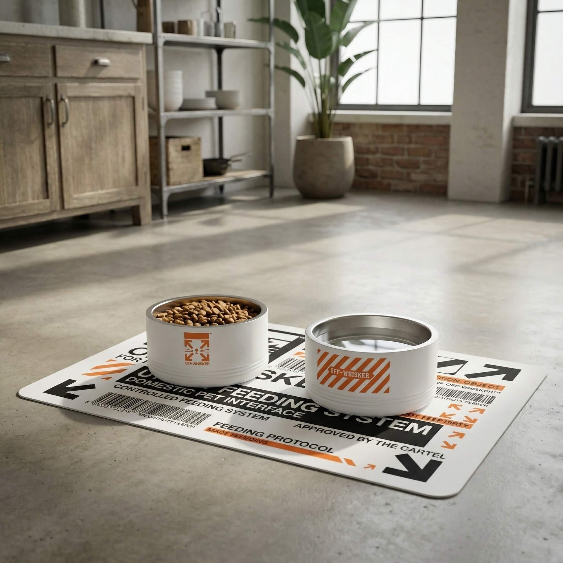 Two cat bowls on a mat with a feeding system label in a room with wooden cabinets and a plant