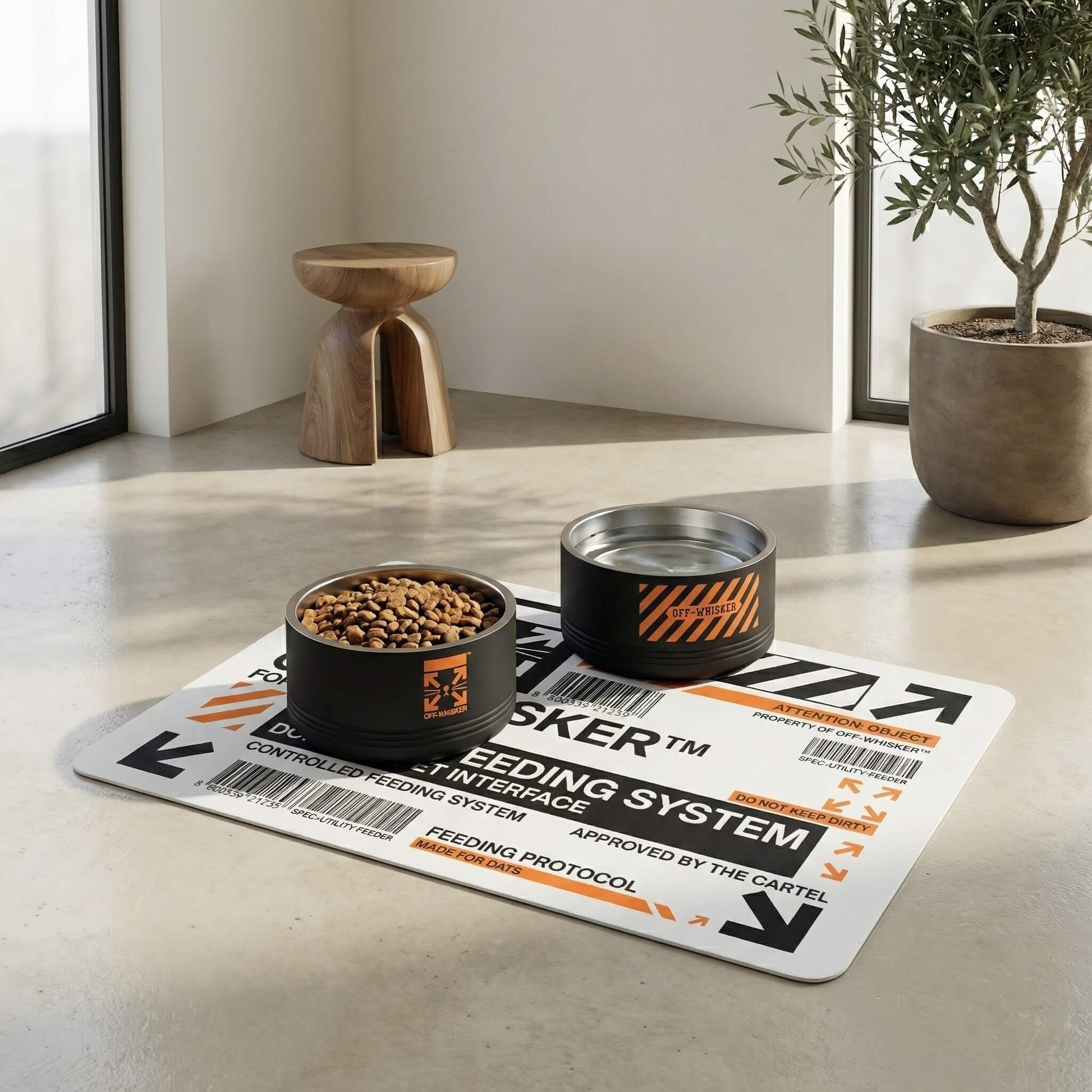Off Whisker Utility Feeding System pet feeding mat with bowls by Mad Cat Cartel
